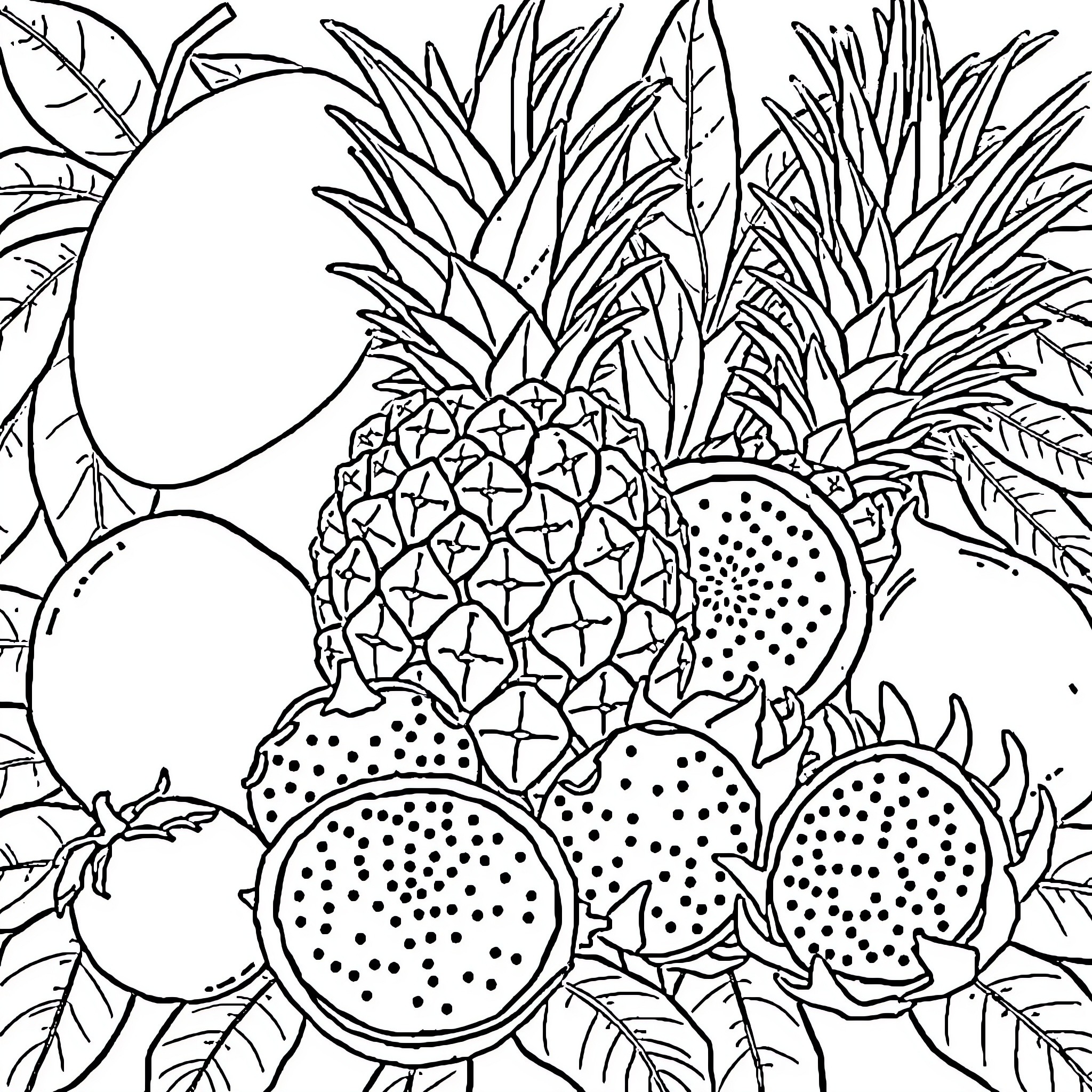 Fruit surrounded by lush tropical leaves Coloring Page (free black-and-white line drawing printable PDF for all, from beginners to advanced learners, including children, teens, adults, and seniors)