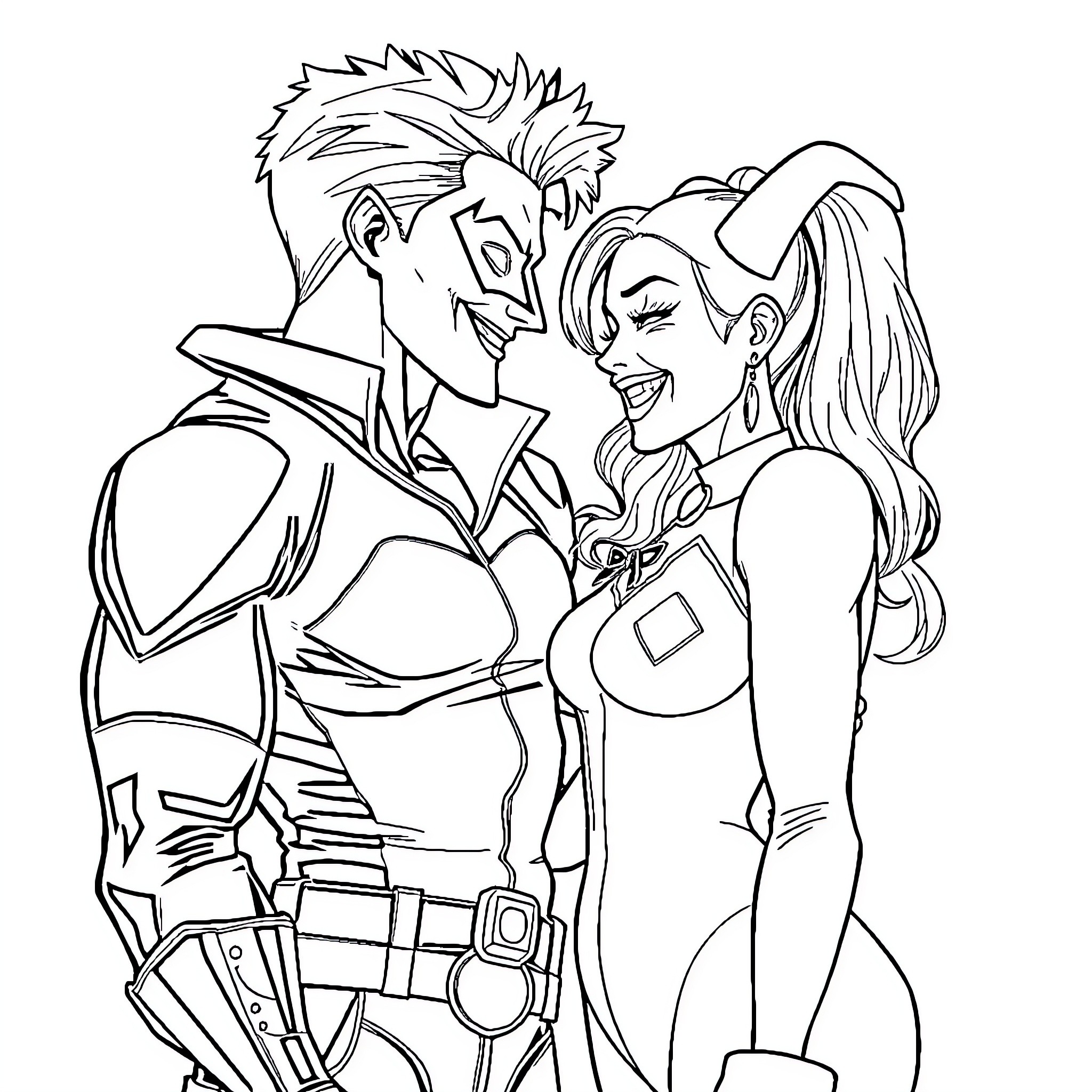 Harley Quinn and Joker in an intimate embrace Coloring Page (free black-and-white line drawing printable PDF for all, from beginners to advanced learners, including children, teens, adults, and seniors)