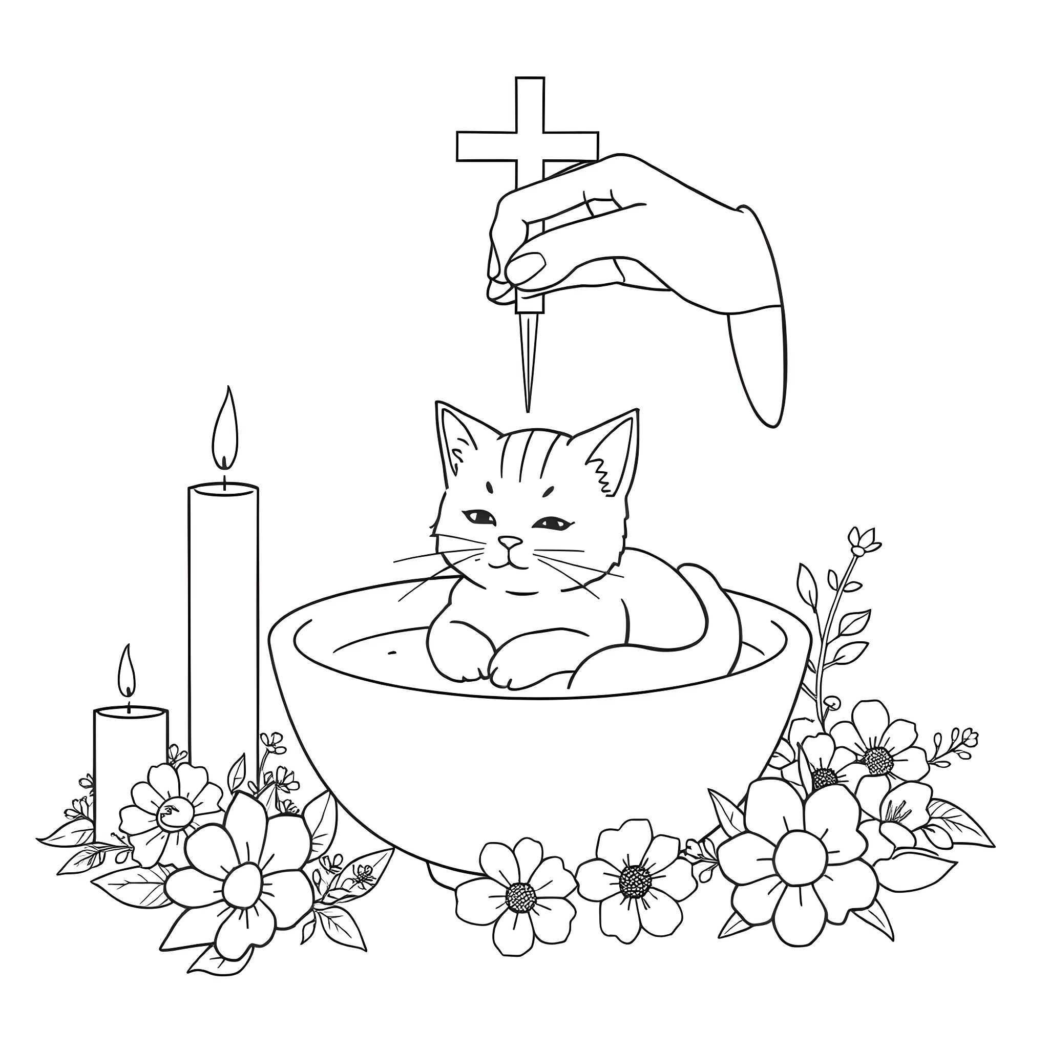Cat receiving blessing with candles and flowers Coloring Page (free black-and-white line drawing printable PDF for all, from beginners to advanced learners, including children, teens, adults, and seniors)