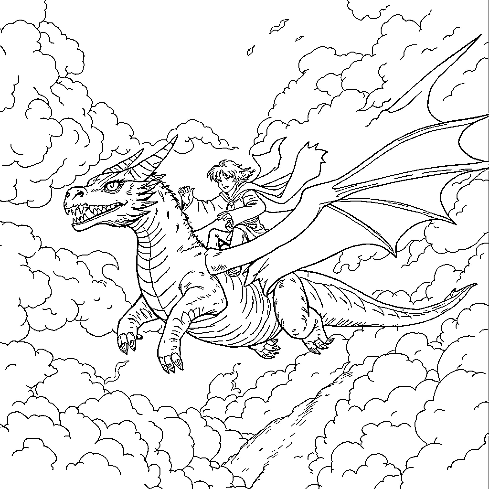 Dragon riding through the stormy skies Coloring Page (free black-and-white line drawing printable PDF for all, from beginners to advanced learners, including children, teens, adults, and seniors)