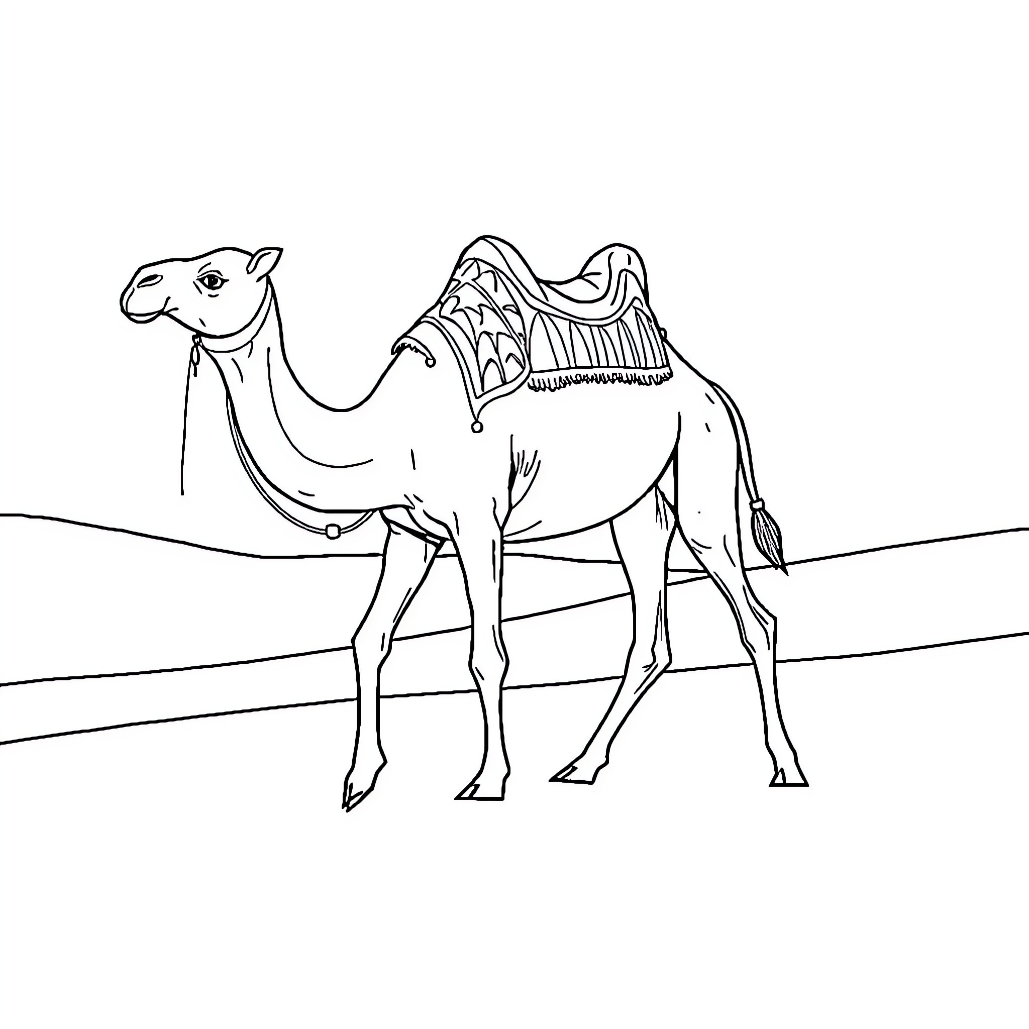 Camel with ornate saddle on desert landscape Coloring Page (free black-and-white line drawing printable PDF for all, from beginners to advanced learners, including children, teens, adults, and seniors)