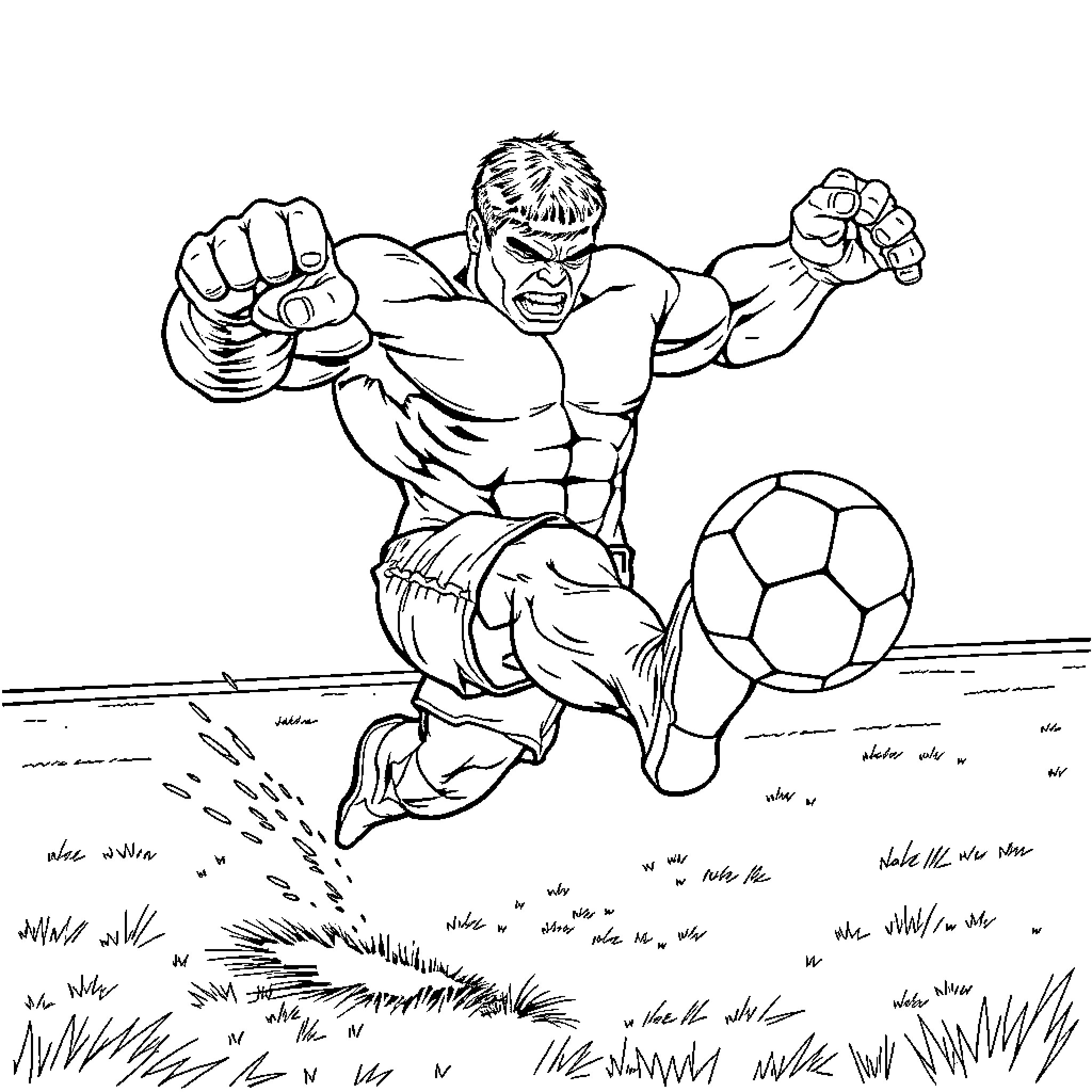 Hulk's Energetic Soccer Match Coloring Page (free black-and-white line drawing printable PDF for all, from beginners to advanced learners, including children, teens, adults, and seniors)