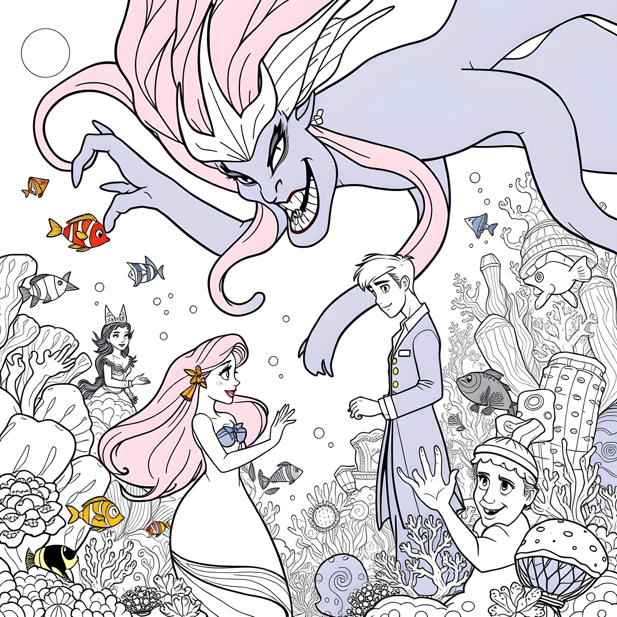 Mermaid Encounters in the Underwater Wonderland Coloring Page (free black-and-white line drawing printable PDF for all, from beginners to advanced learners, including children, teens, adults, and seniors)