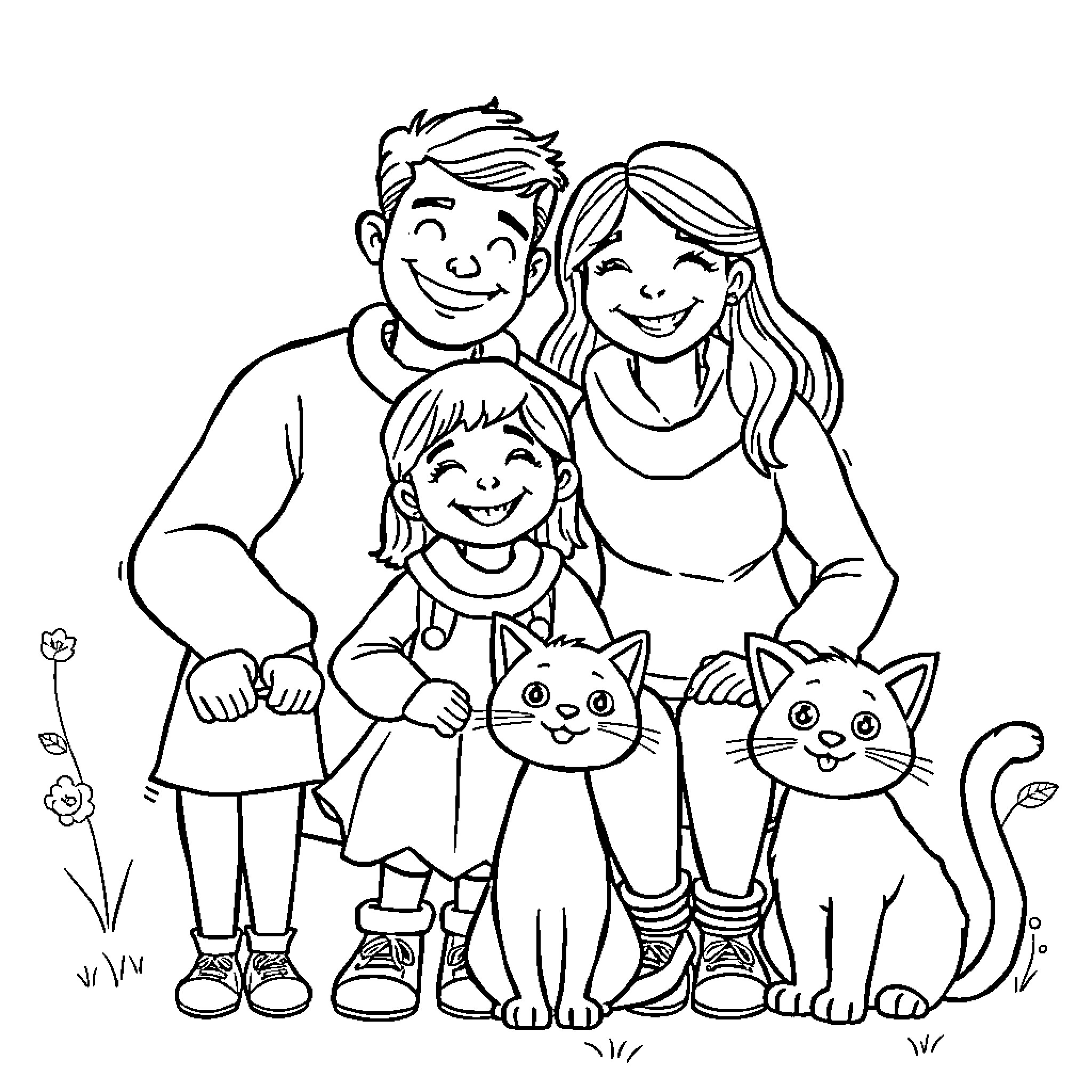 Family Enjoying Time Together with Pets Coloring Page (free black-and-white line drawing printable PDF for all, from beginners to advanced learners, including children, teens, adults, and seniors)