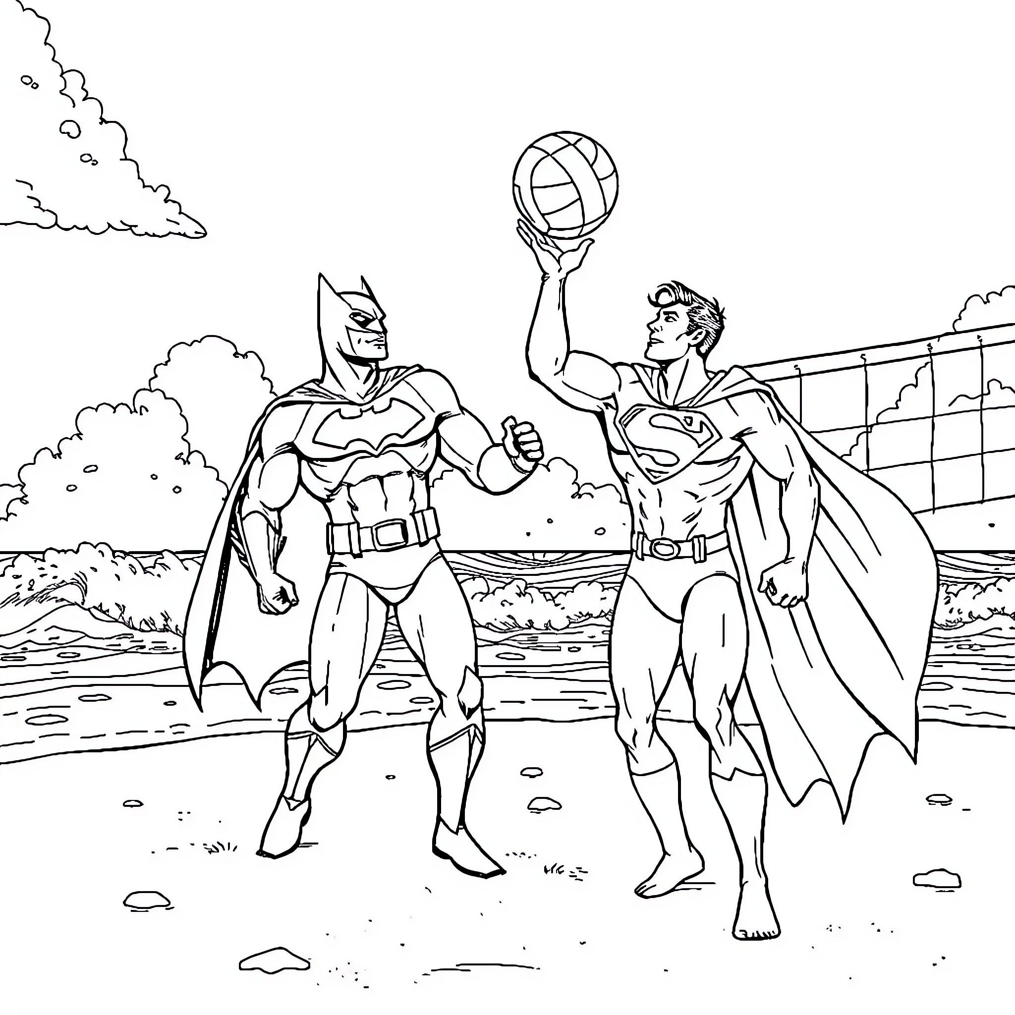 Batman and Superman playing volleyball Coloring Page (free black-and-white line drawing printable PDF for all, from beginners to advanced learners, including children, teens, adults, and seniors)