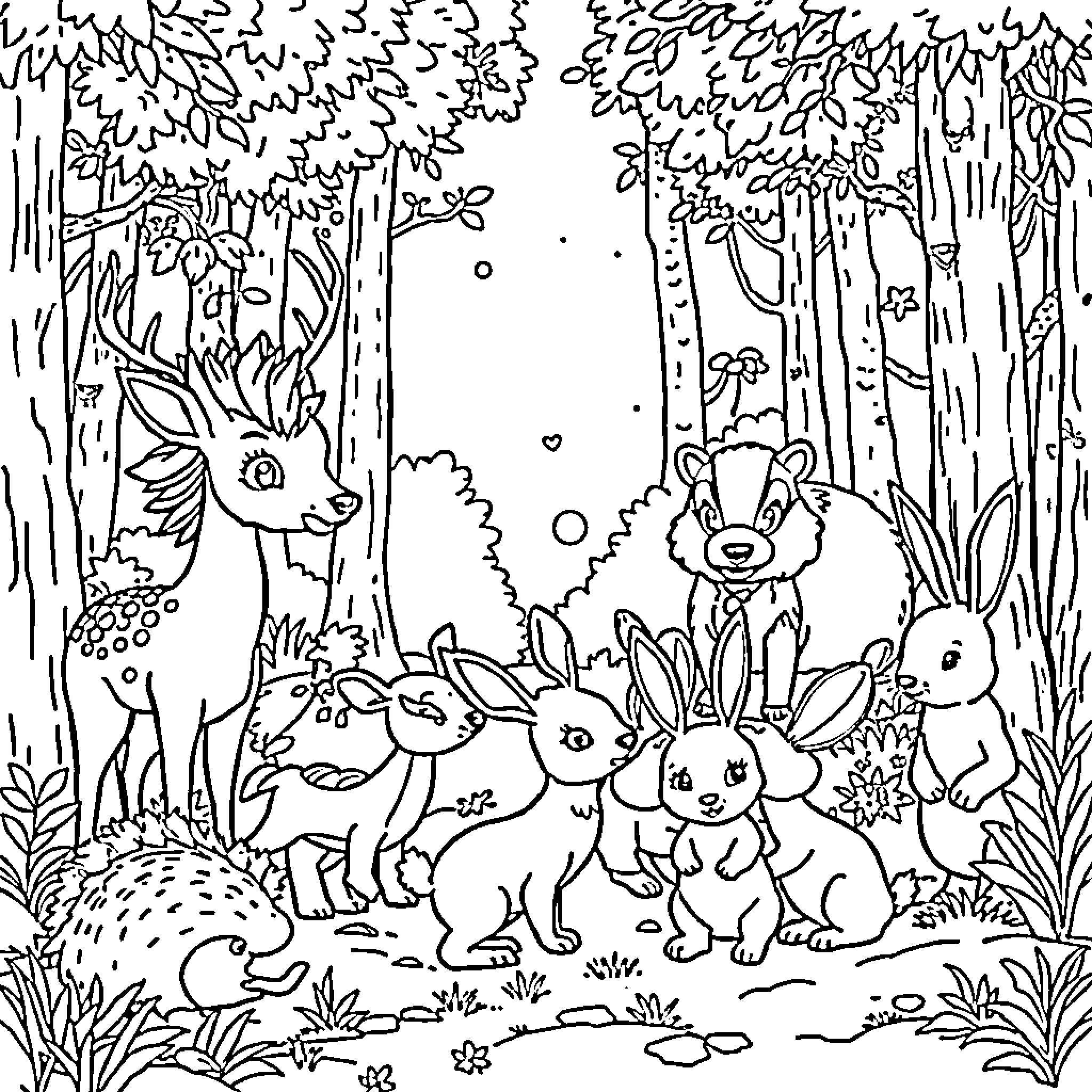 Forest Animals Gathering in the Woodland Coloring Page (free black-and-white line drawing printable PDF for all, from beginners to advanced learners, including children, teens, adults, and seniors)