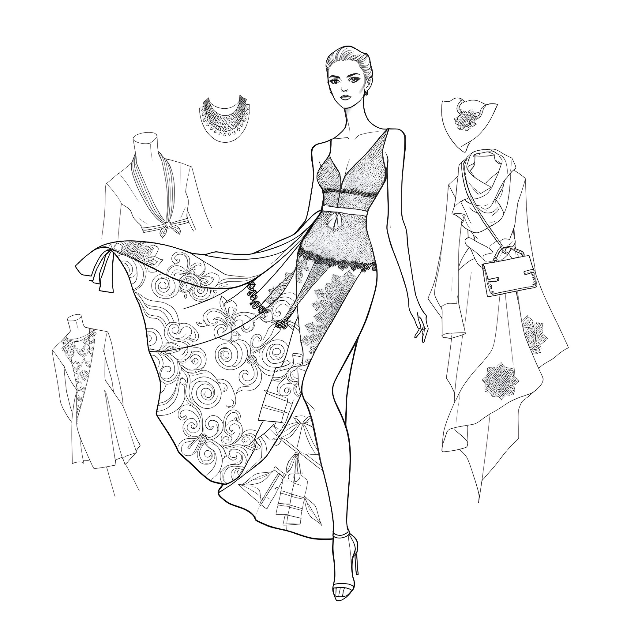 Fashion Designs for Elegant Formal Attire Coloring Page (free black-and-white line drawing printable PDF for all, from beginners to advanced learners, including children, teens, adults, and seniors)