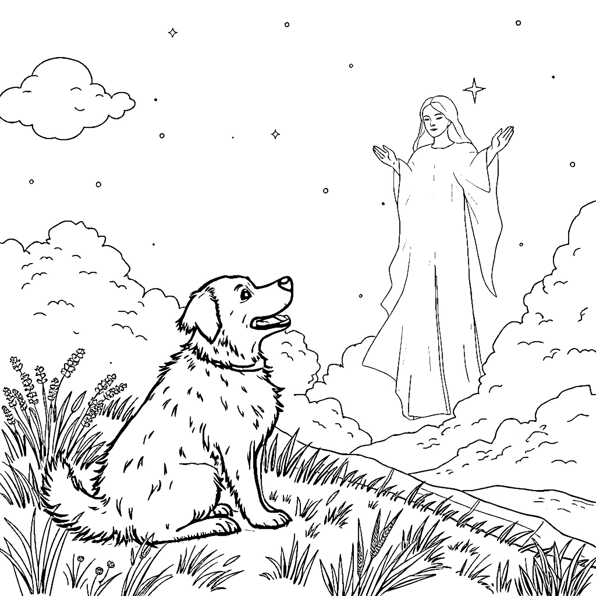 Dog in a serene meadow with a celestial figure Coloring Page (free black-and-white line drawing printable PDF for all, from beginners to advanced learners, including children, teens, adults, and seniors)