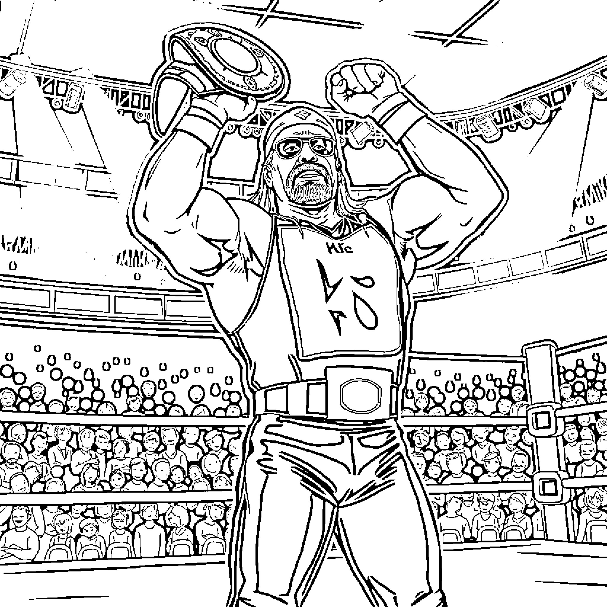 Hulk Hogan's Energetic Wrestling Match in the Arena Coloring Page (free black-and-white line drawing printable PDF for all, from beginners to advanced learners, including children, teens, adults, and seniors)