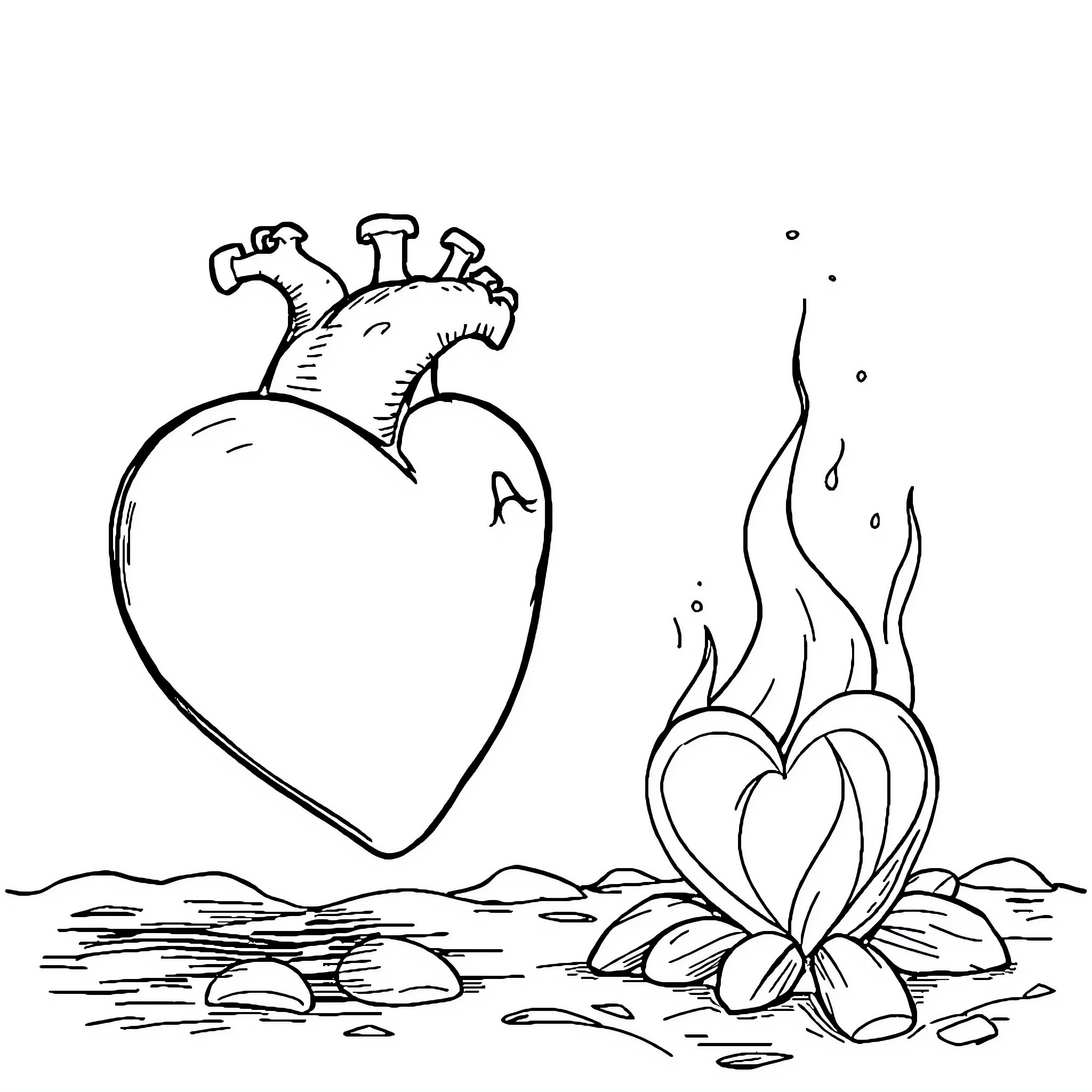 Heart Blossoms in the Wild Coloring Page (free black-and-white line drawing printable PDF for all, from beginners to advanced learners, including children, teens, adults, and seniors)
