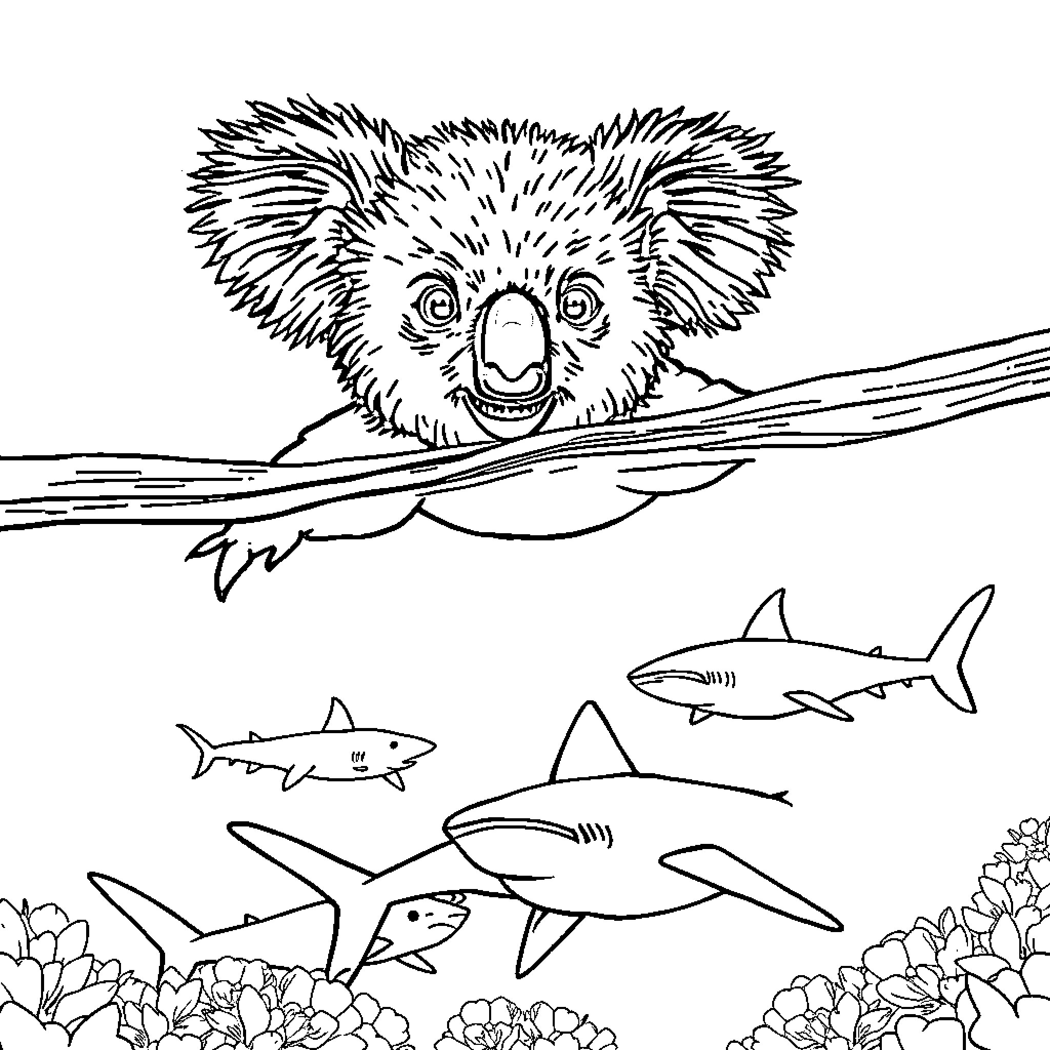 Koala peering curiously from tree branch Coloring Page (free black-and-white line drawing printable PDF for all, from beginners to advanced learners, including children, teens, adults, and seniors)