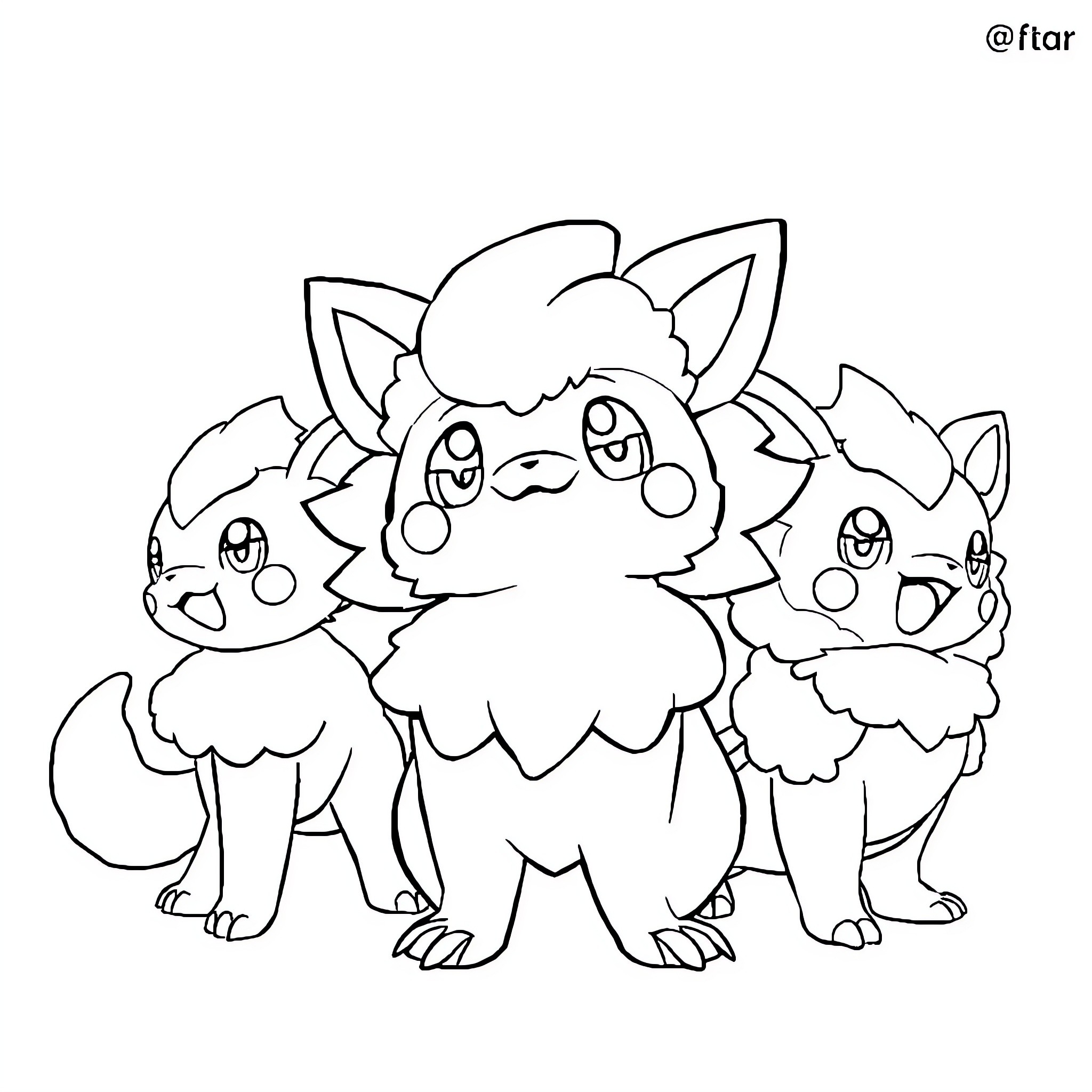 Eevee and its evolutions posing together Coloring Page (free black-and-white line drawing printable PDF for all, from beginners to advanced learners, including children, teens, adults, and seniors)