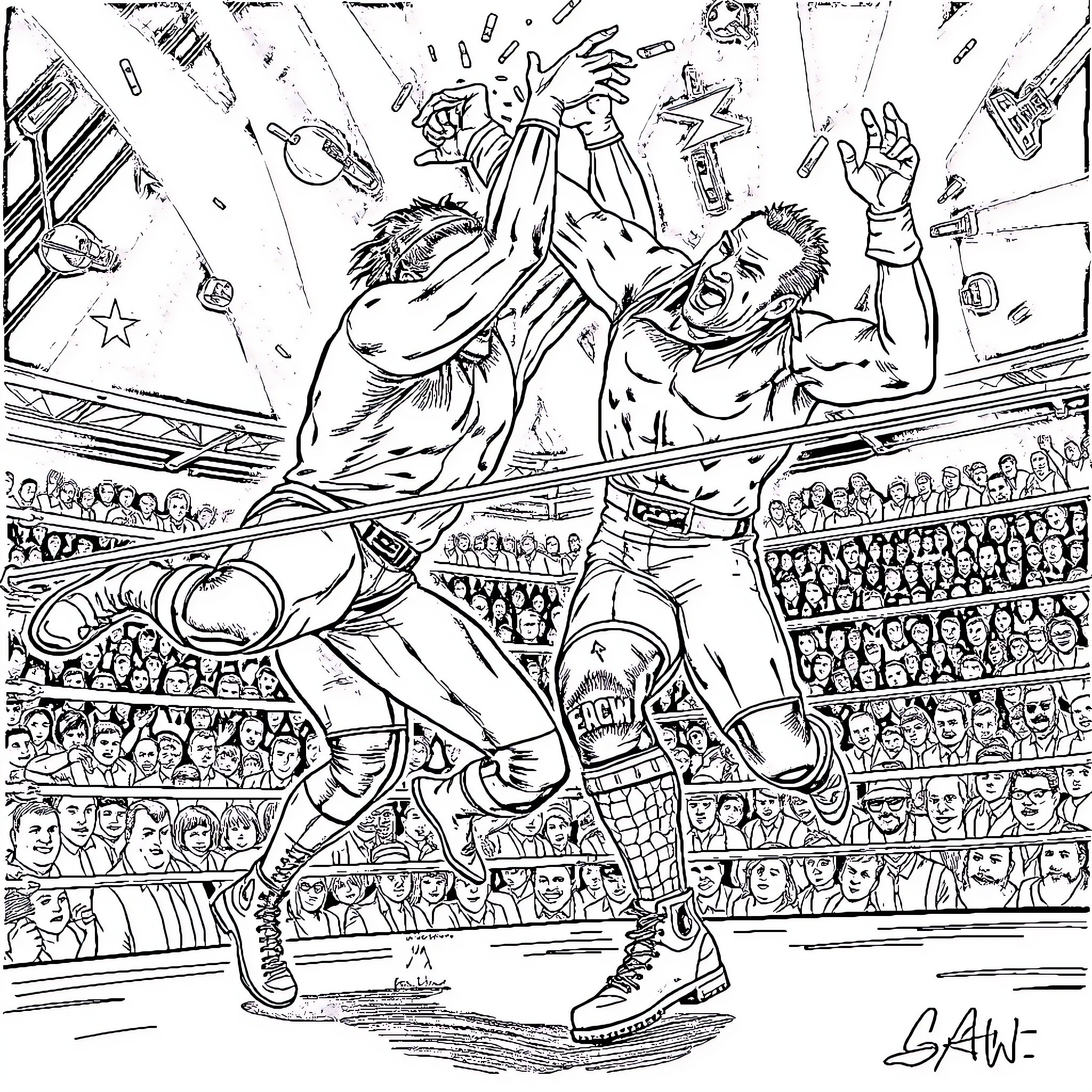Wrestling Victory Celebration in the Ring Coloring Page (free black-and-white line drawing printable PDF for all, from beginners to advanced learners, including children, teens, adults, and seniors)