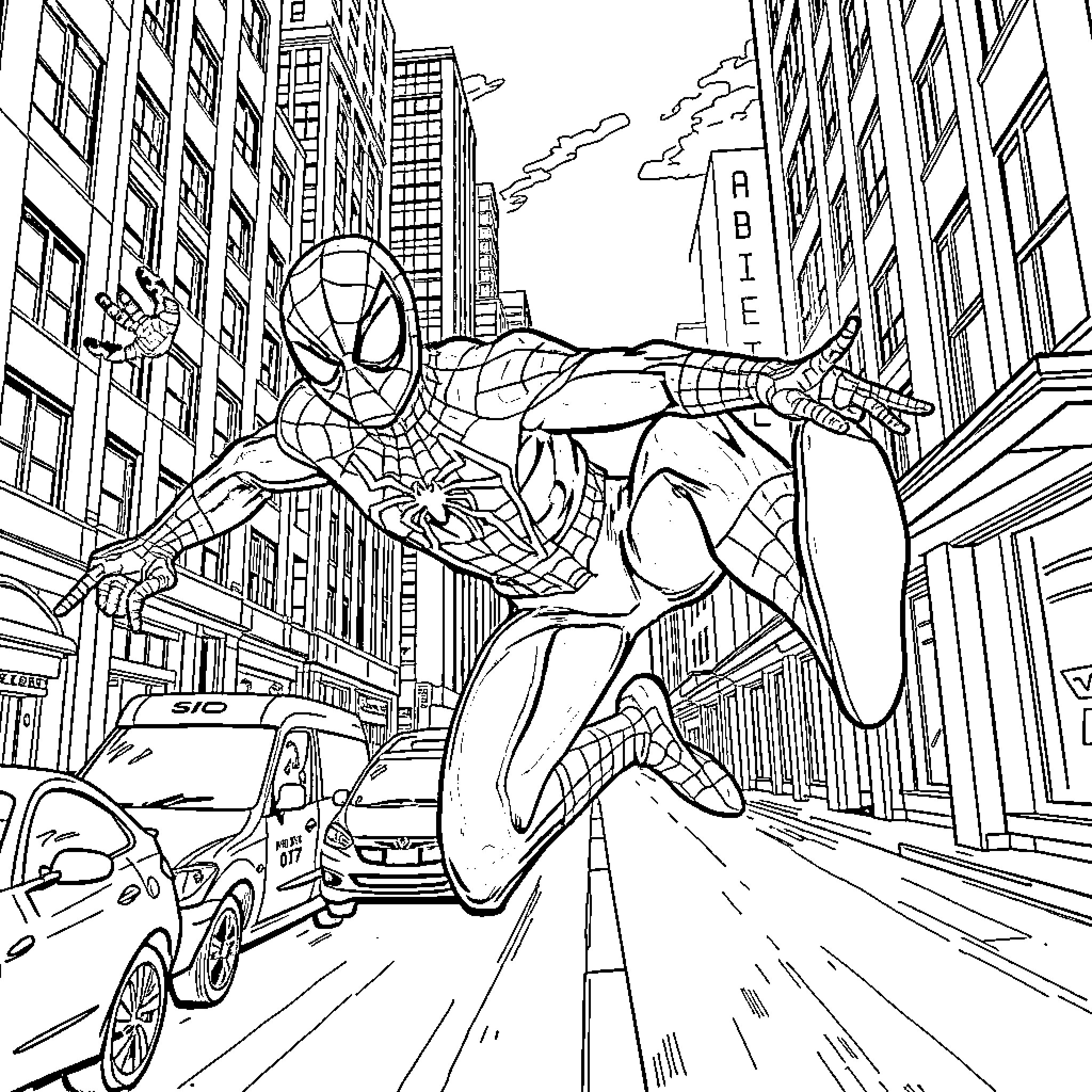 Spiderman swinging through the city streets Coloring Page (free black-and-white line drawing printable PDF for all, from beginners to advanced learners, including children, teens, adults, and seniors)