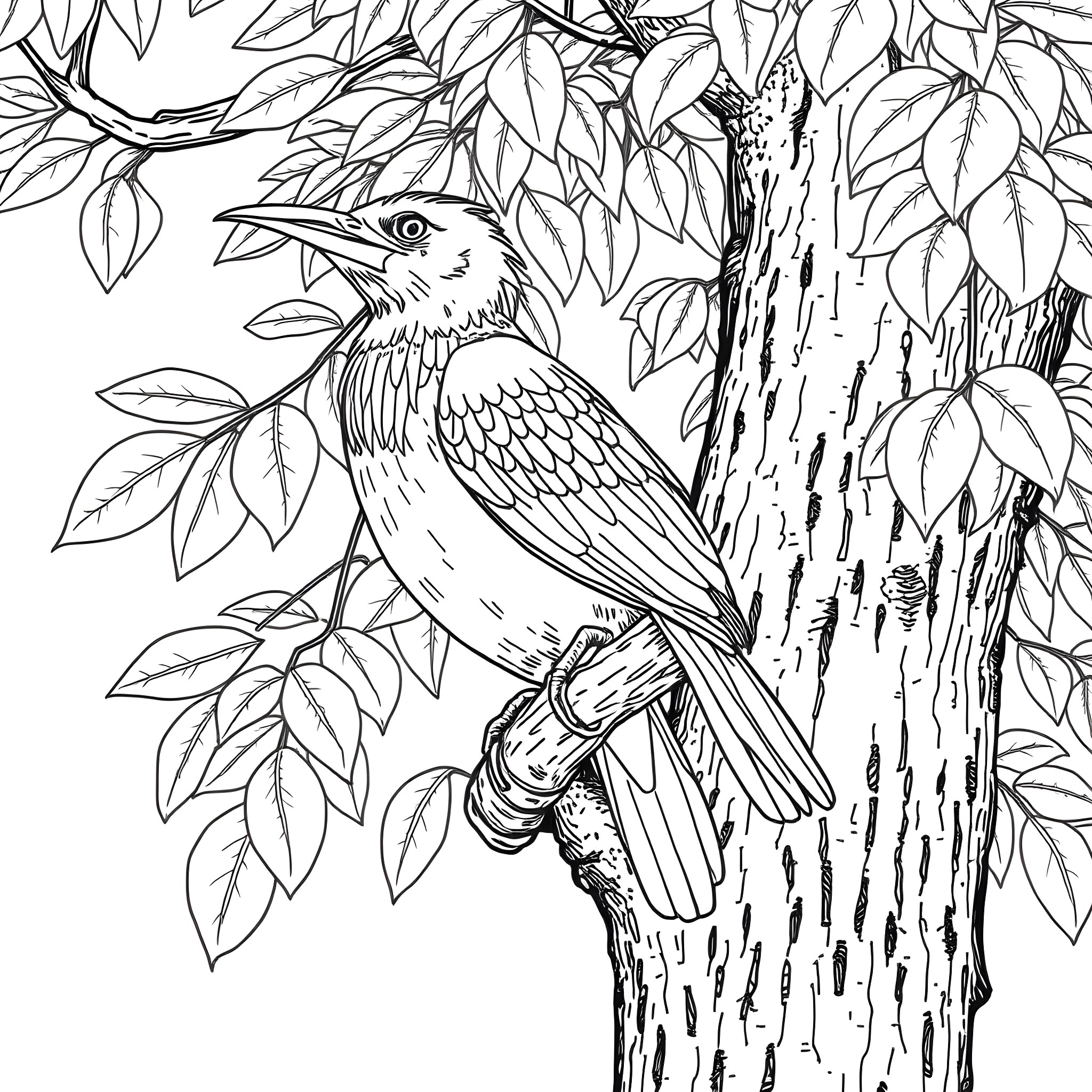 Aulacorhynchus bird perching on tree branch Coloring Page (free black-and-white line drawing printable PDF for all, from beginners to advanced learners, including children, teens, adults, and seniors)
