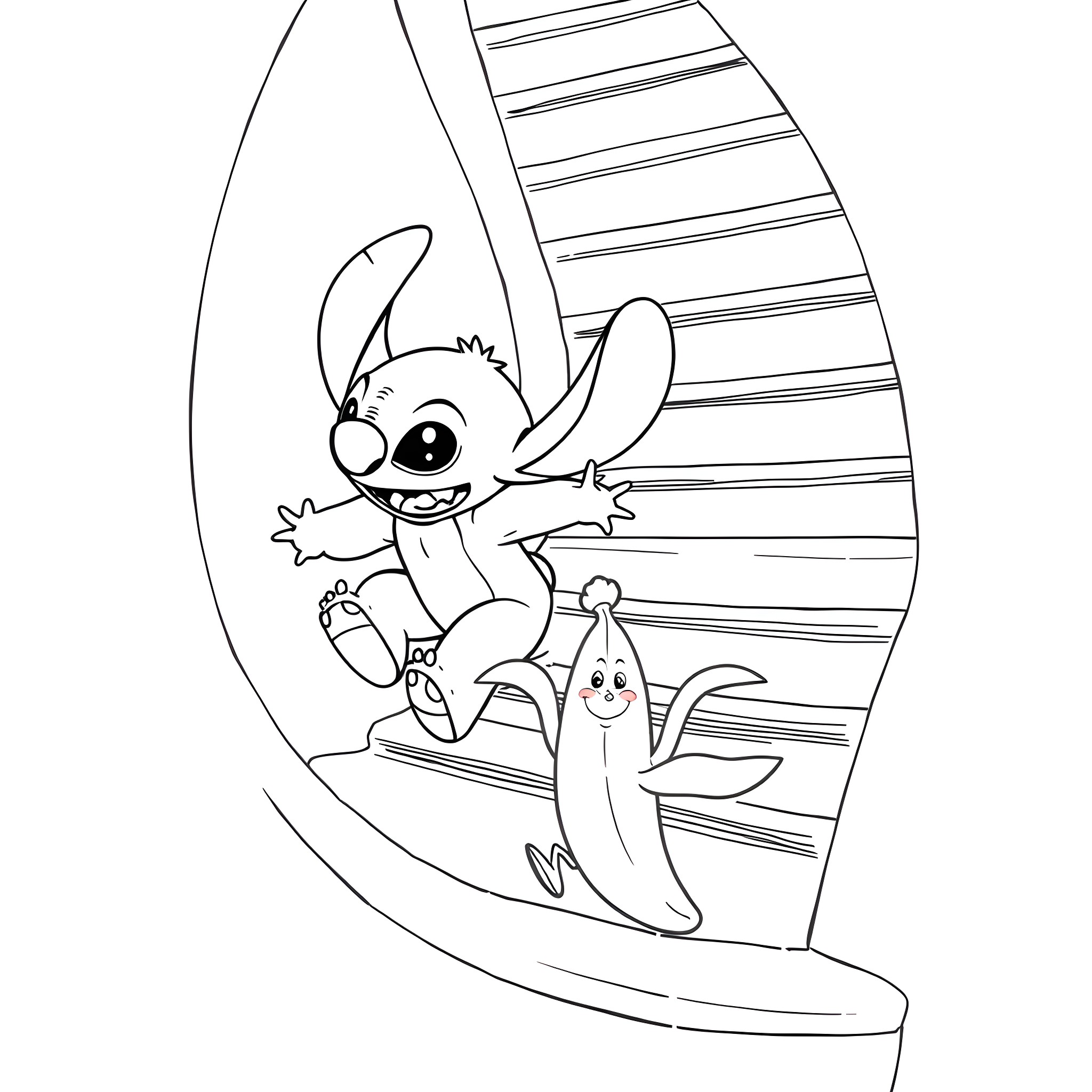 Stitch enjoying playtime with ghost friend Coloring Page (free black-and-white line drawing printable PDF for all, from beginners to advanced learners, including children, teens, adults, and seniors)