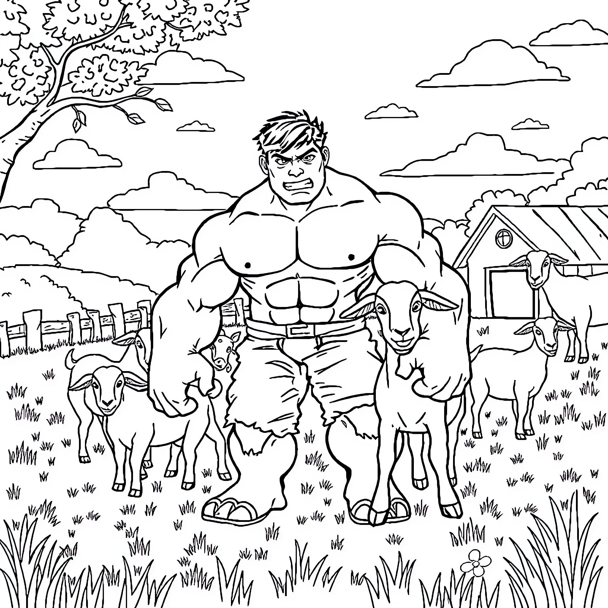 Hulk's Peaceful Encounter with Farm Animals Coloring Page (free black-and-white line drawing printable PDF for all, from beginners to advanced learners, including children, teens, adults, and seniors)