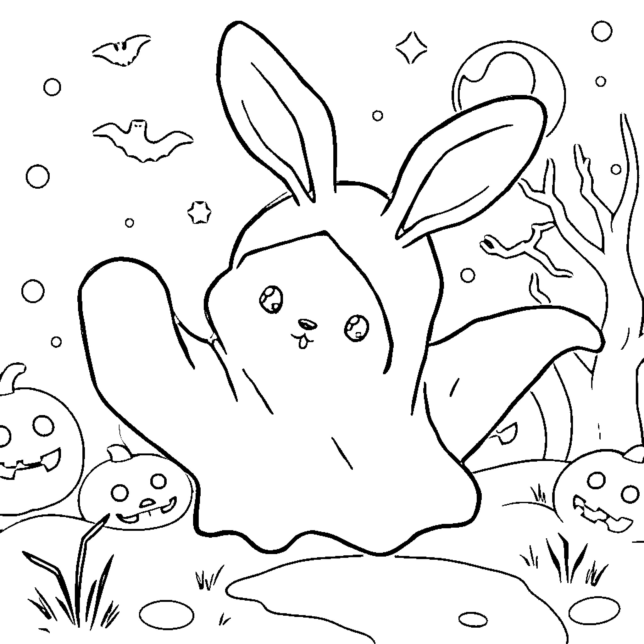 Bunny in a spooky Halloween scene Coloring Page (free black-and-white line drawing printable PDF for all, from beginners to advanced learners, including children, teens, adults, and seniors)