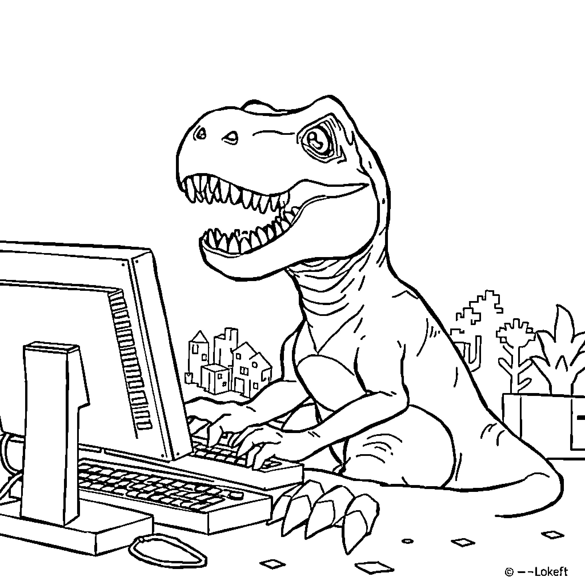 T-Rex typing furiously on a computer Coloring Page (free black-and-white line drawing printable PDF for all, from beginners to advanced learners, including children, teens, adults, and seniors)