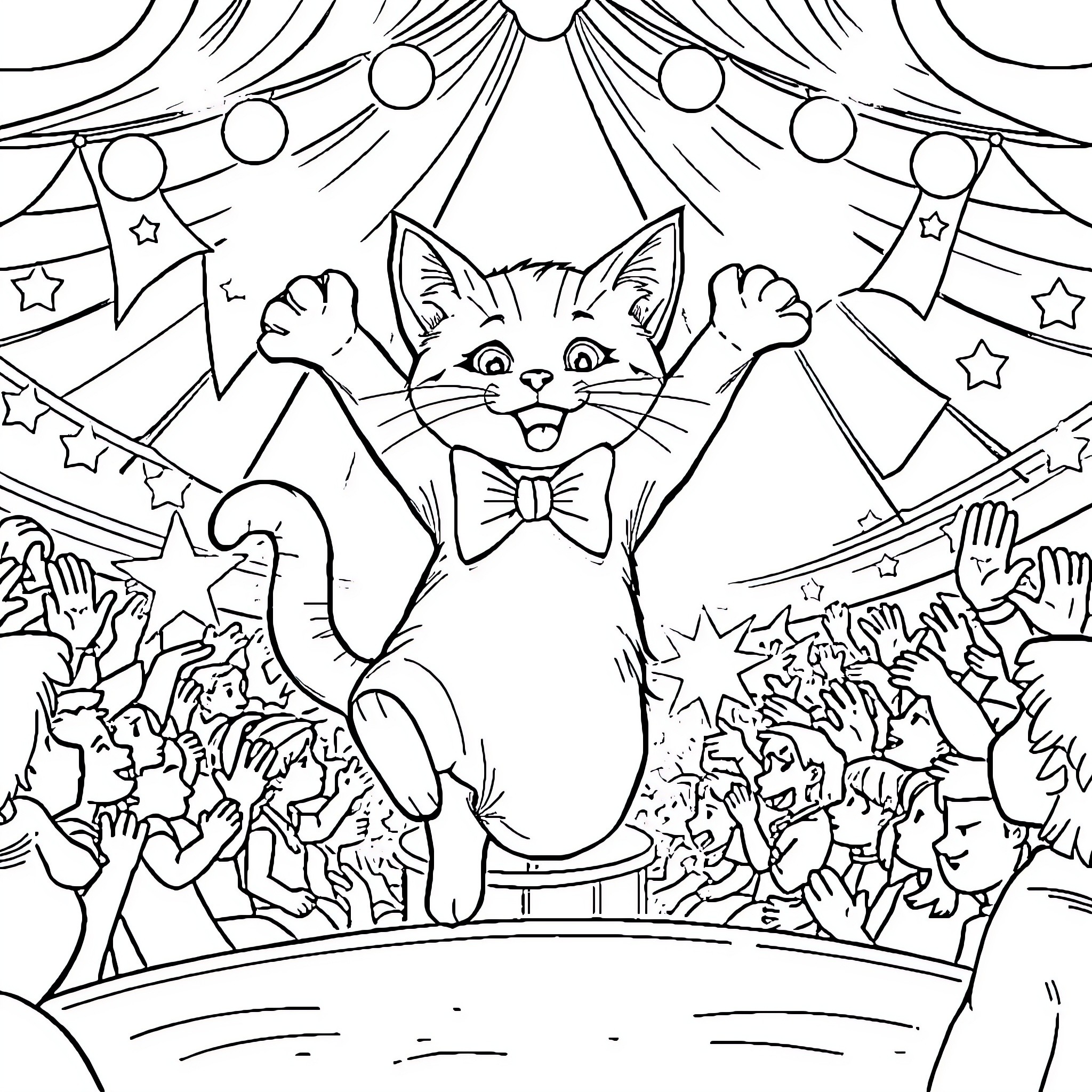 Cat Performing on a Festive Stage Coloring Page (free black-and-white line drawing printable PDF for all, from beginners to advanced learners, including children, teens, adults, and seniors)