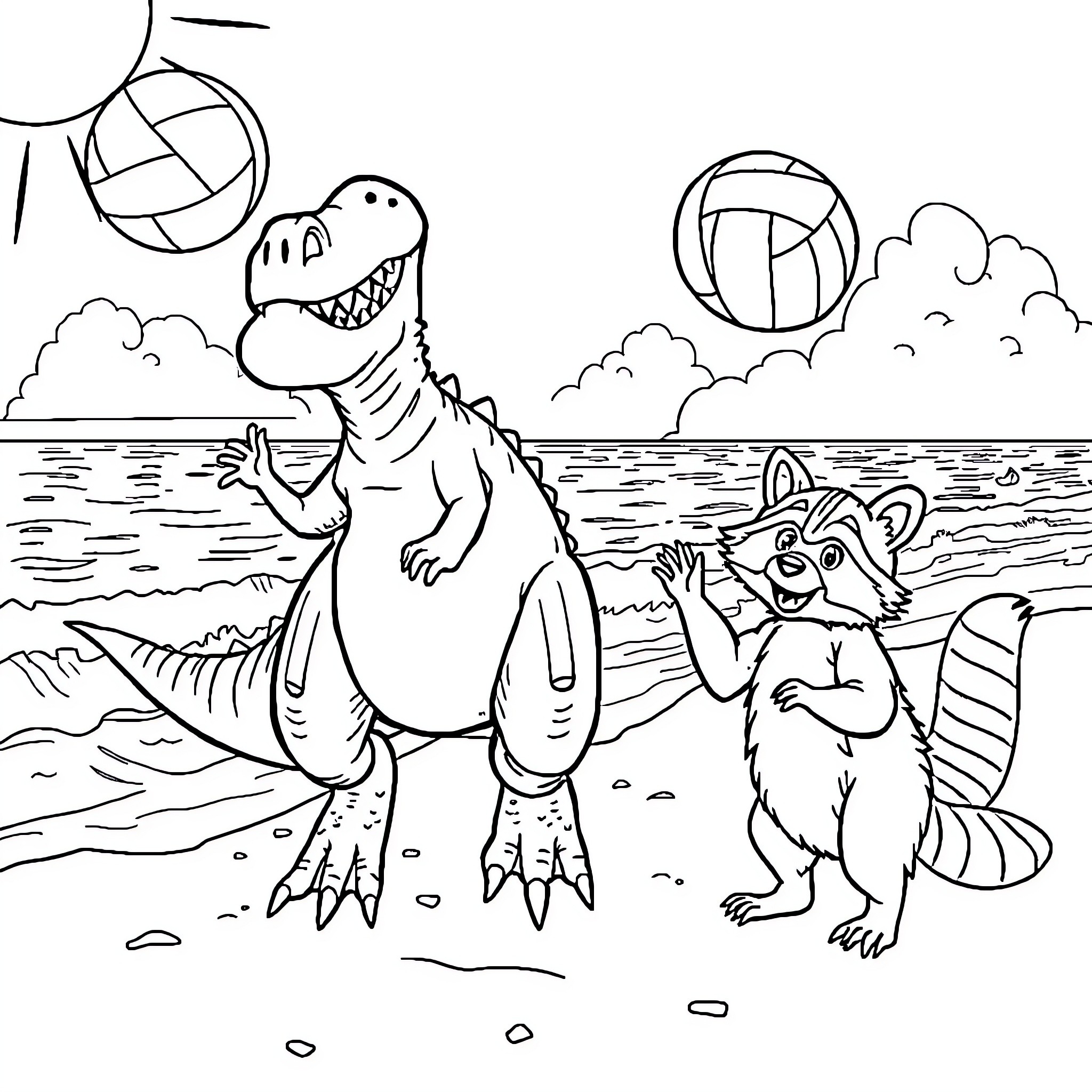 Dinosaur playing with raccoon on the beach Coloring Page (free black-and-white line drawing printable PDF for all, from beginners to advanced learners, including children, teens, adults, and seniors)