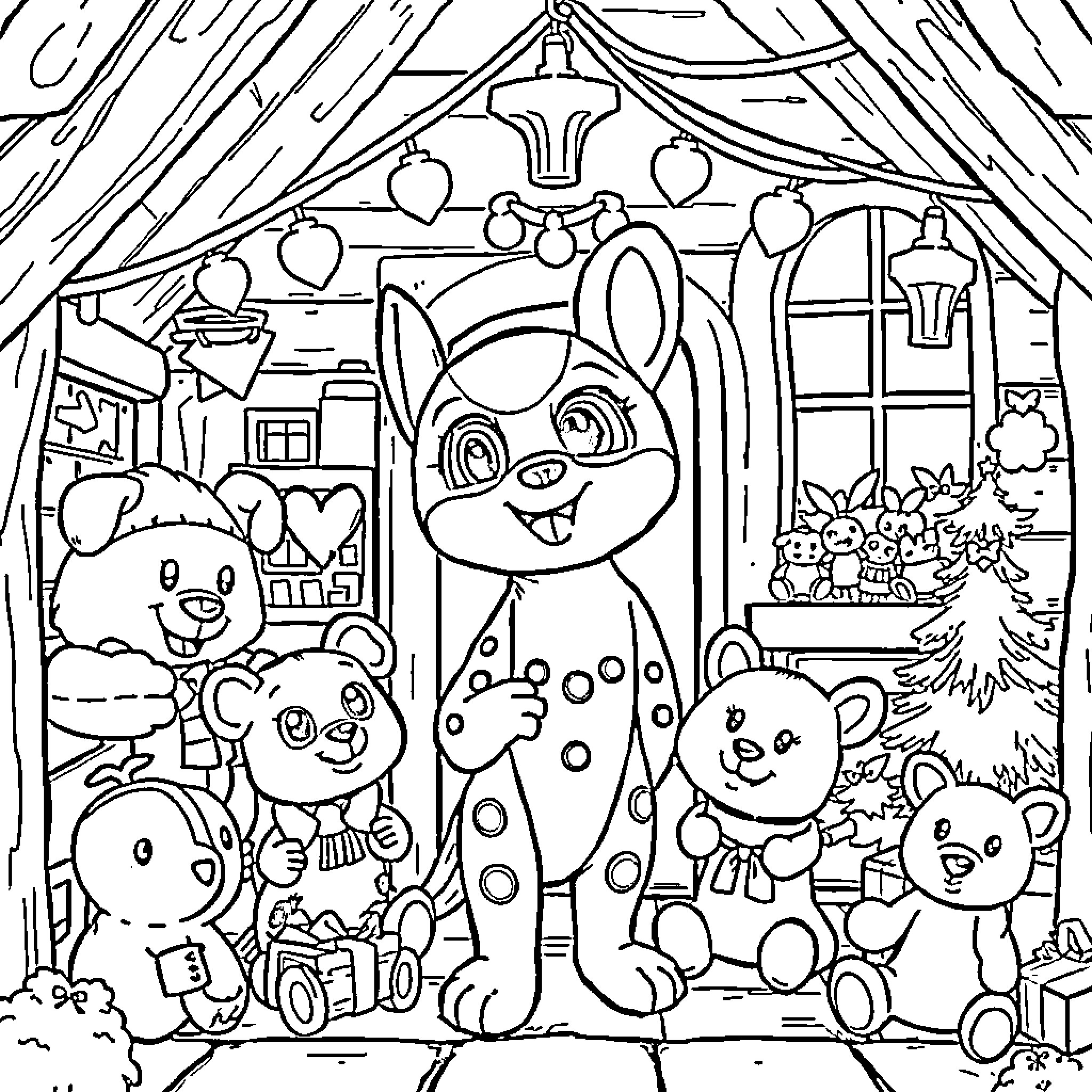 Gaby's Playful Stuffed Animal Adventure Coloring Page (free black-and-white line drawing printable PDF for all, from beginners to advanced learners, including children, teens, adults, and seniors)