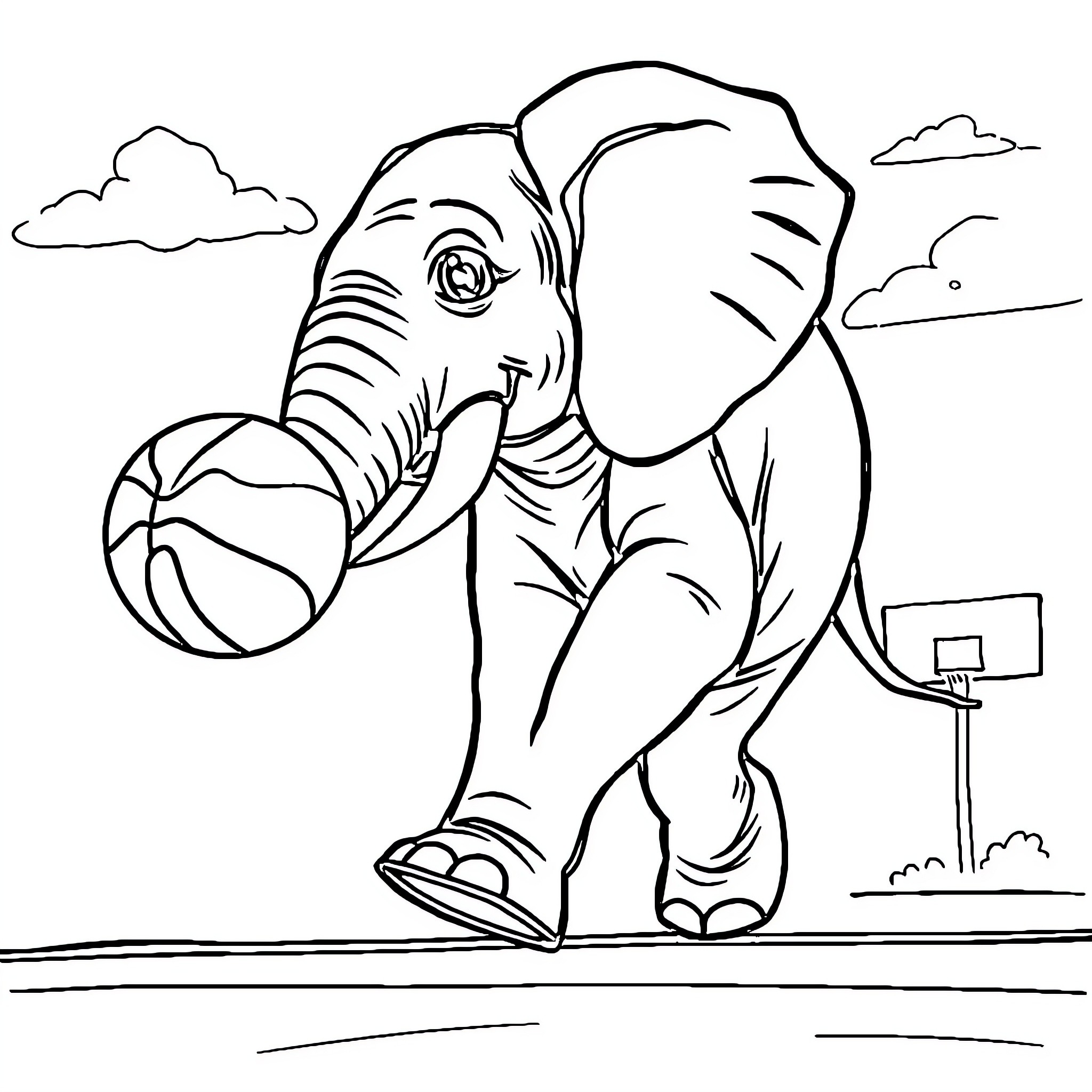Elephant playing with basketball on basketball court Coloring Page (free black-and-white line drawing printable PDF for all, from beginners to advanced learners, including children, teens, adults, and seniors)