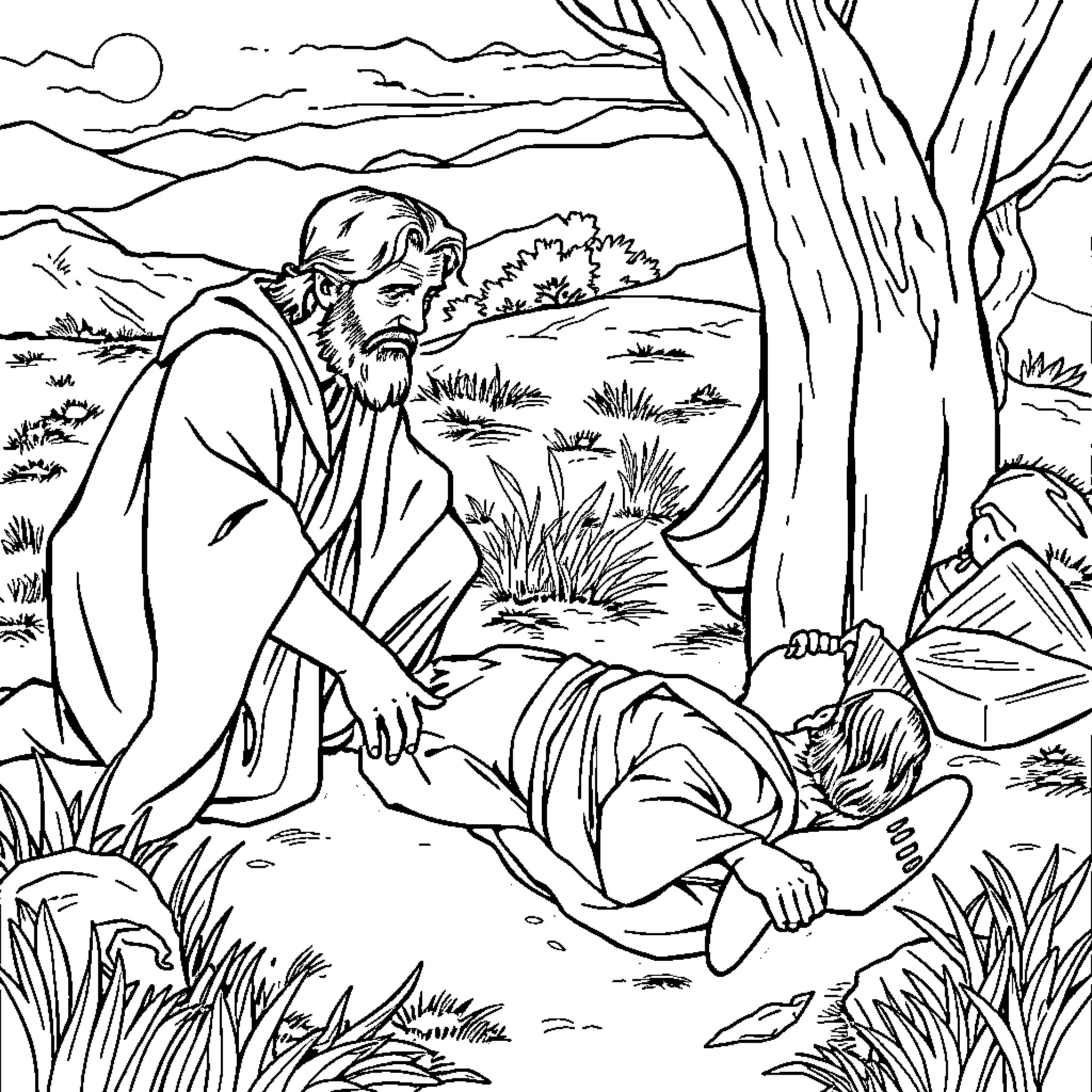 Samaritan Compassionately Aiding a Stranger in Need Coloring Page (free black-and-white line drawing printable PDF for all, from beginners to advanced learners, including children, teens, adults, and seniors)