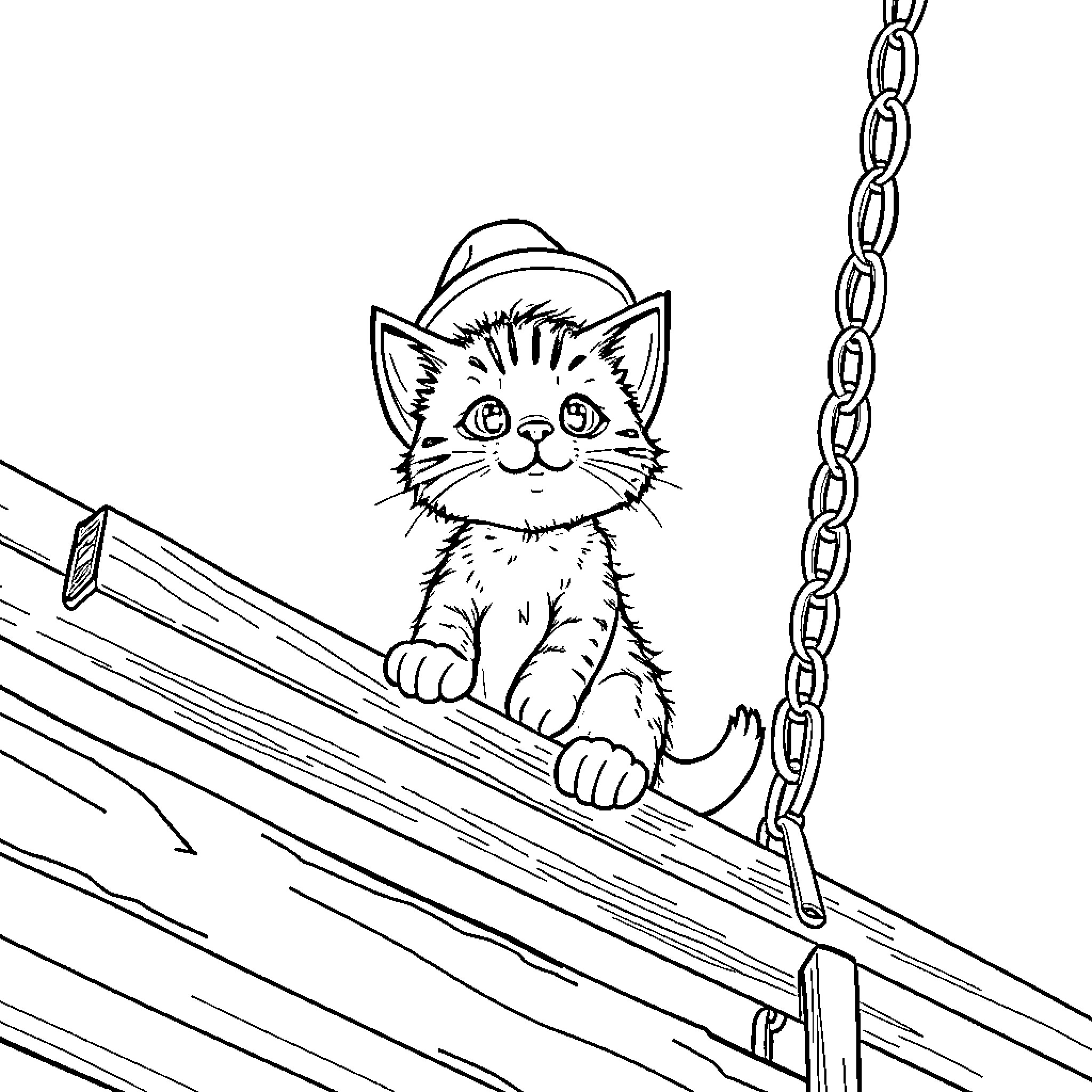 Kitten sitting on a wooden fence Coloring Page (free black-and-white line drawing printable PDF for all, from beginners to advanced learners, including children, teens, adults, and seniors)