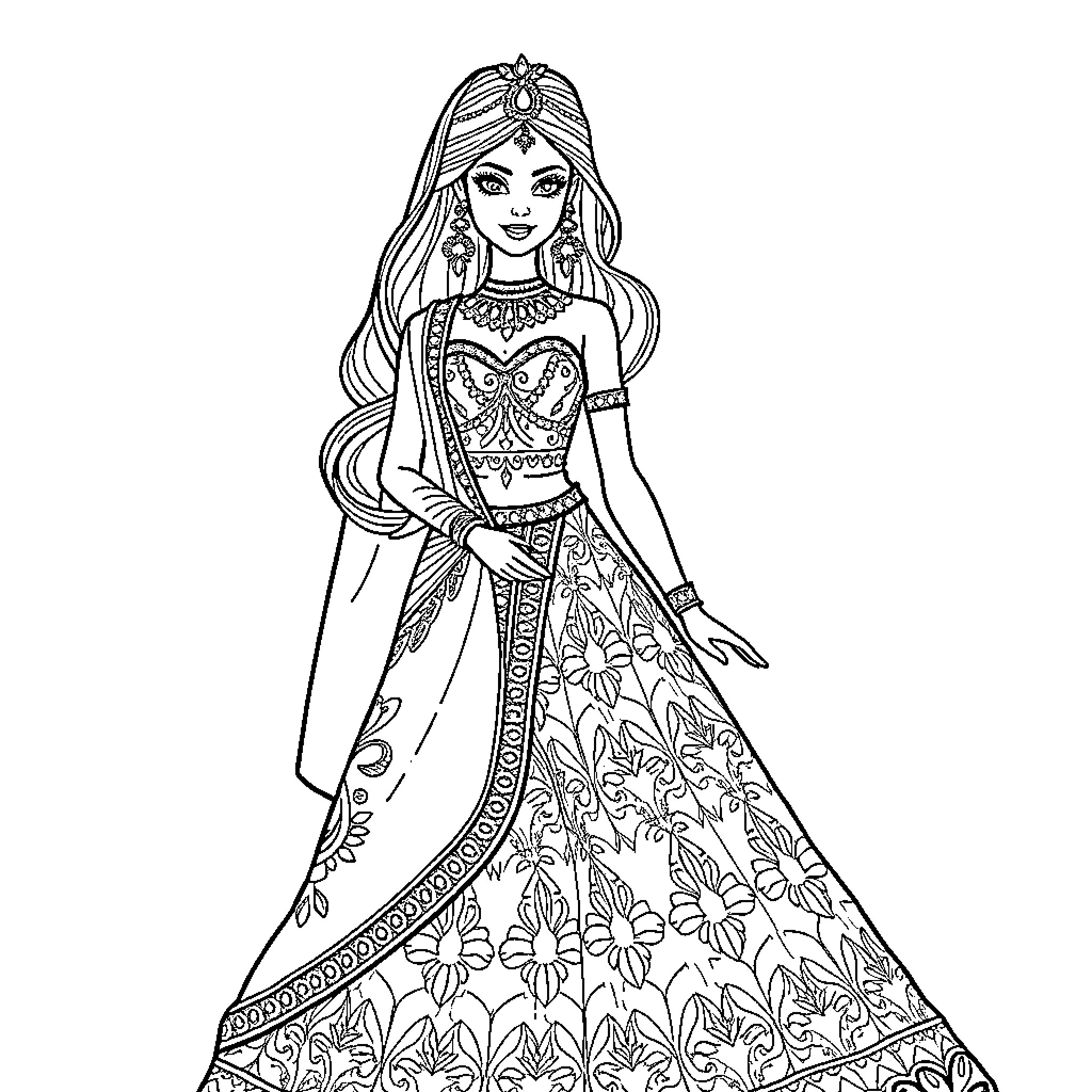 Barbie in Ornate Floral Dress and Headdress Coloring Page (free black-and-white line drawing printable PDF for all, from beginners to advanced learners, including children, teens, adults, and seniors)
