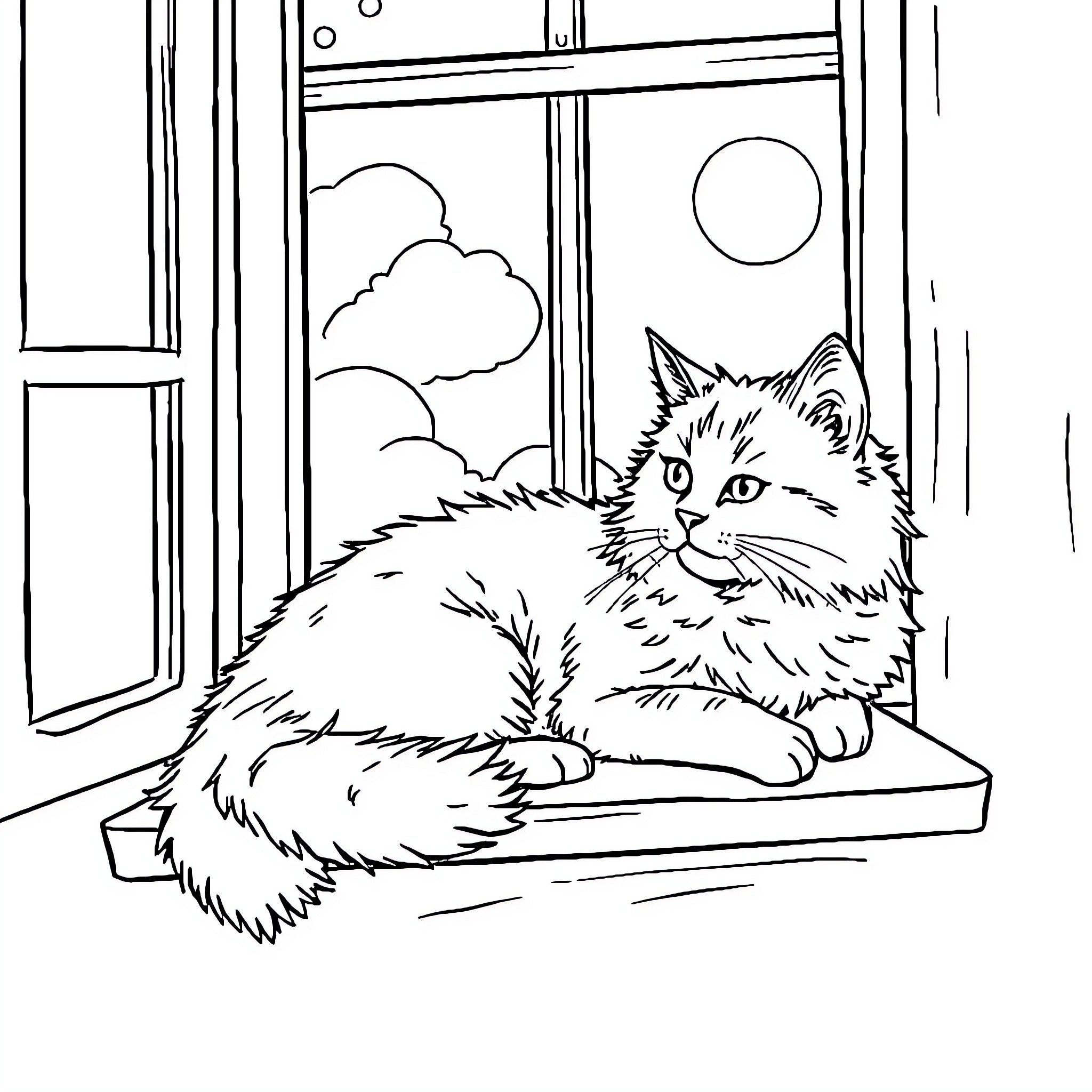 Cat relaxing by the window Coloring Page (free black-and-white line drawing printable PDF for all, from beginners to advanced learners, including children, teens, adults, and seniors)