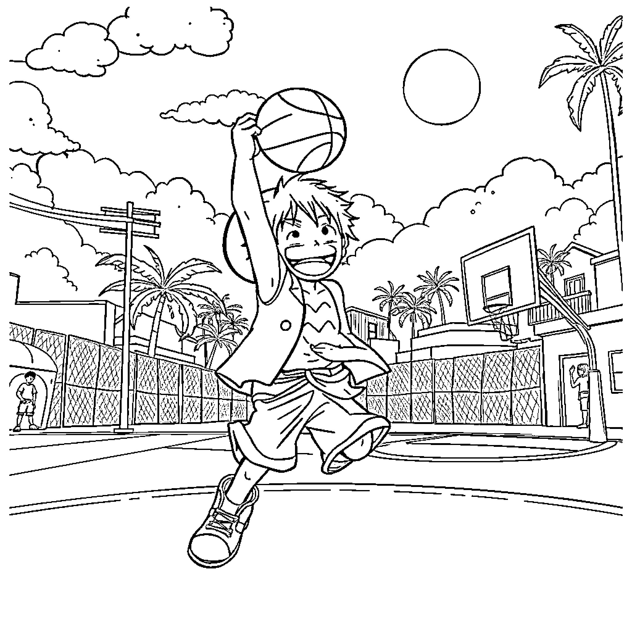 Luffy enjoying a basketball game in the tropics Coloring Page (free black-and-white line drawing printable PDF for all, from beginners to advanced learners, including children, teens, adults, and seniors)