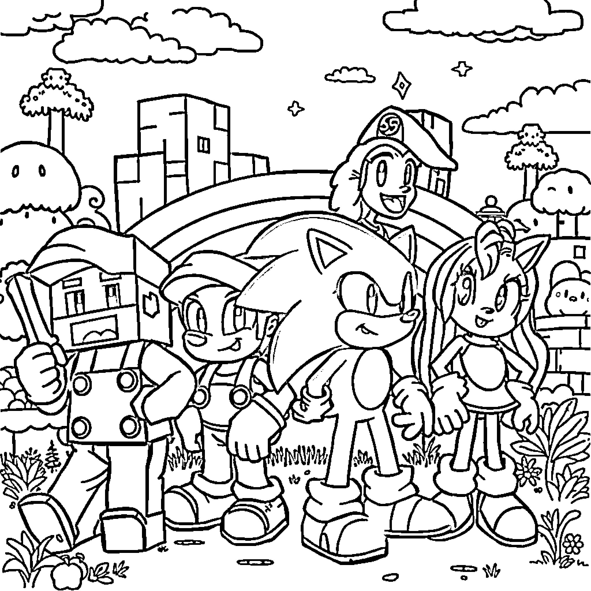 Character Adventure in the Vibrant City Coloring Page (free black-and-white line drawing printable PDF for all, from beginners to advanced learners, including children, teens, adults, and seniors)