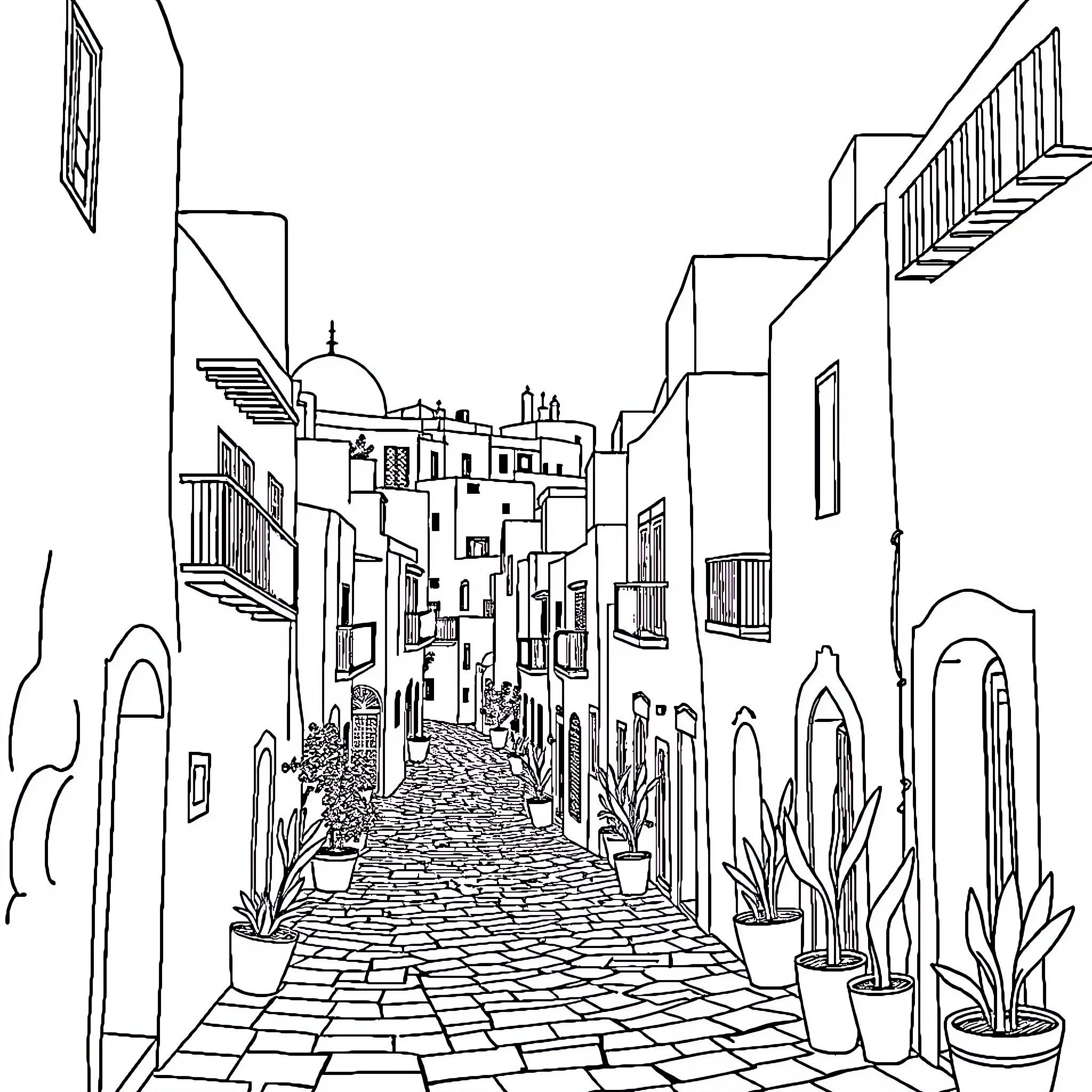 Asilah: Picturesque Streets of a Moroccan Town Coloring Page (free black-and-white line drawing printable PDF for all, from beginners to advanced learners, including children, teens, adults, and seniors)