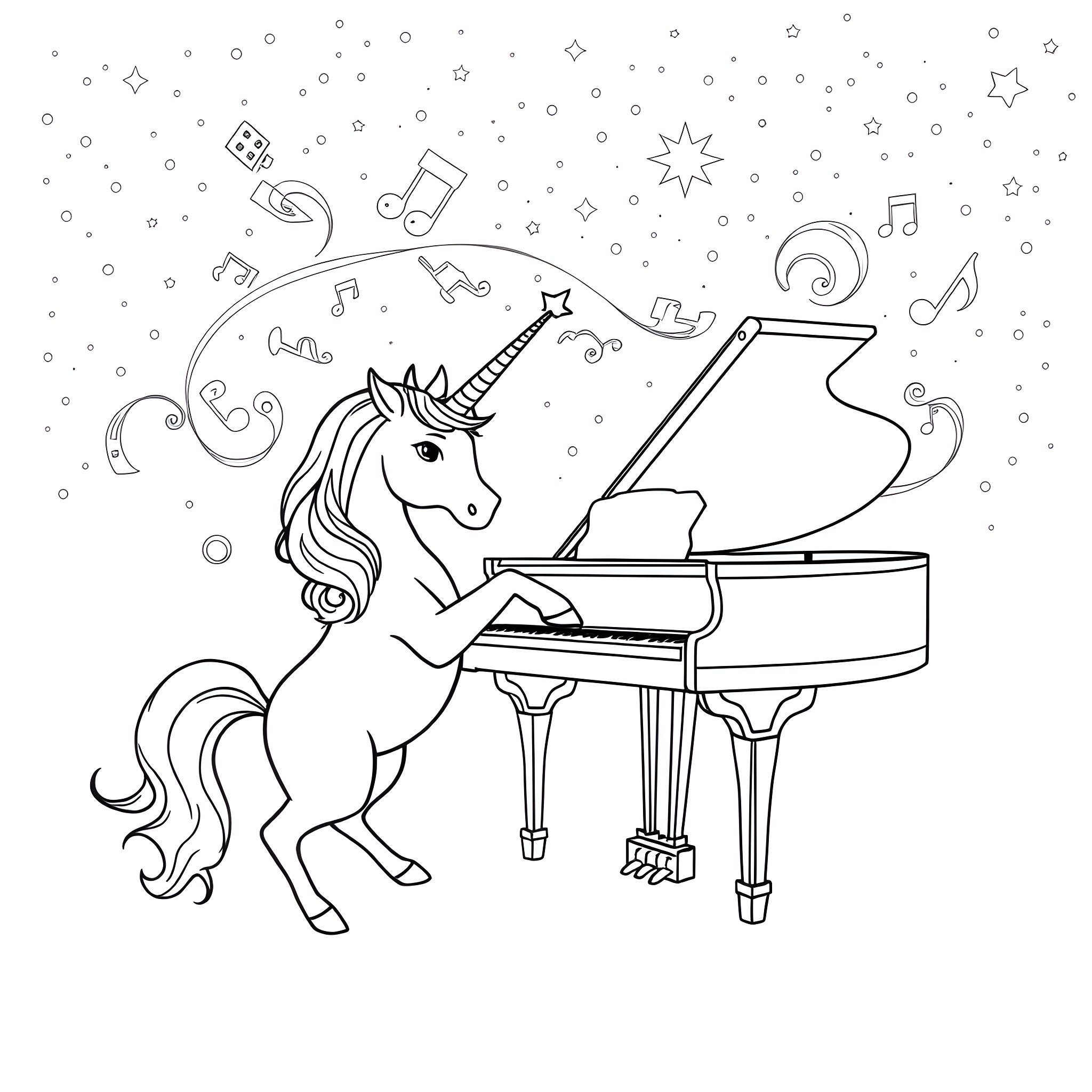 Unicorn playing music on a grand piano Coloring Page (free black-and-white line drawing printable PDF for all, from beginners to advanced learners, including children, teens, adults, and seniors)