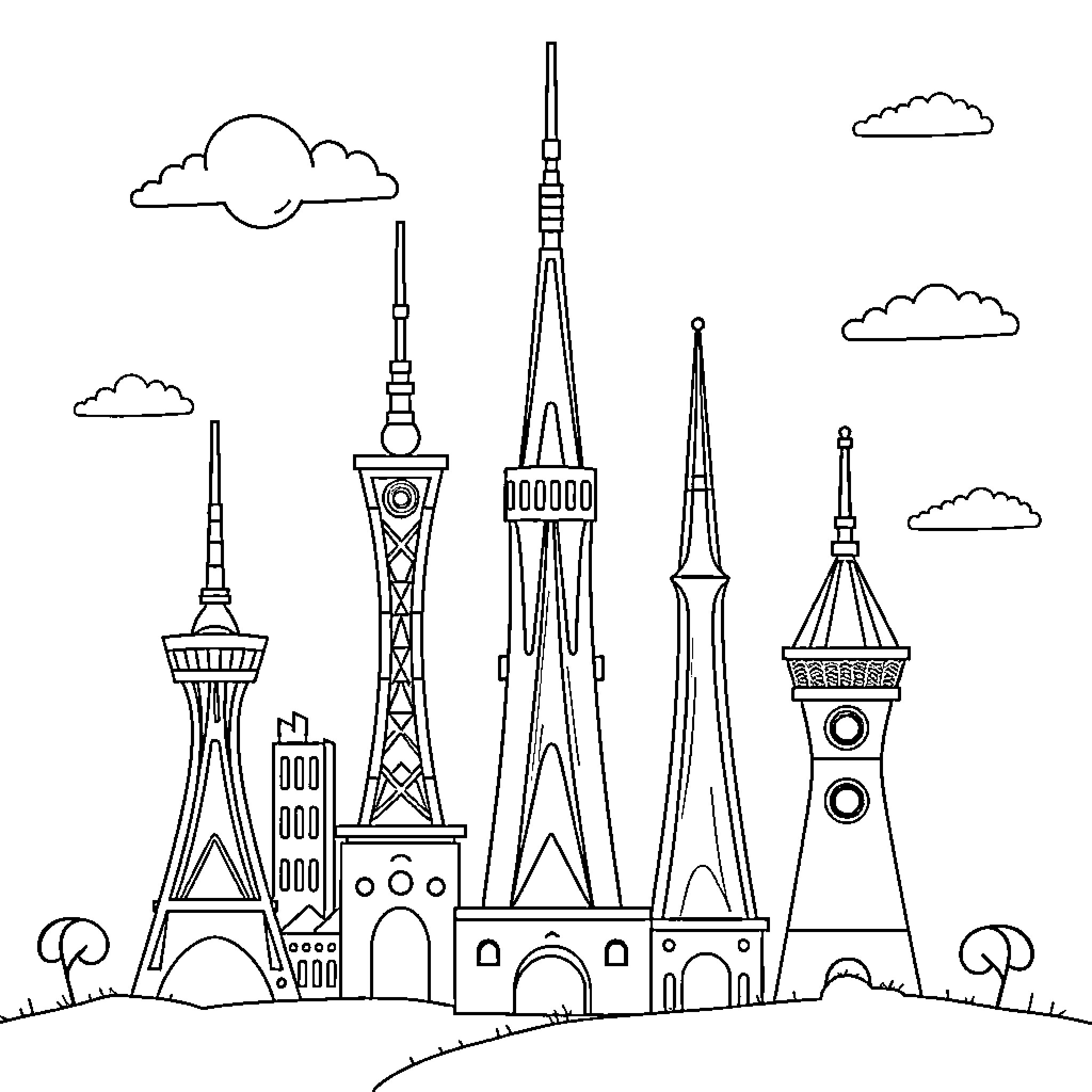 Tower of Unique Architecture in the City Skyline Coloring Page (free black-and-white line drawing printable PDF for all, from beginners to advanced learners, including children, teens, adults, and seniors)
