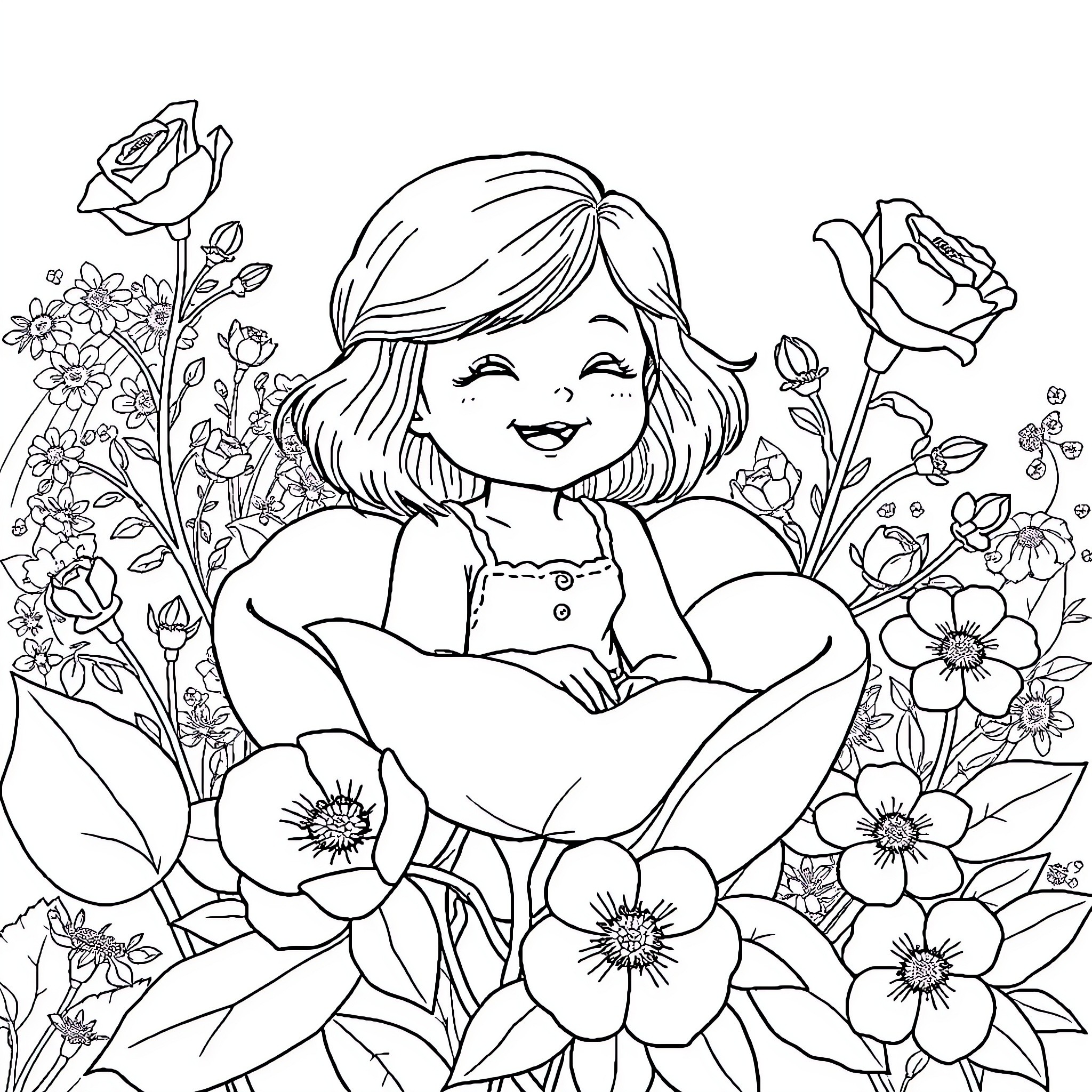 Girl surrounded by lovely flowers Coloring Page (free black-and-white line drawing printable PDF for all, from beginners to advanced learners, including children, teens, adults, and seniors)