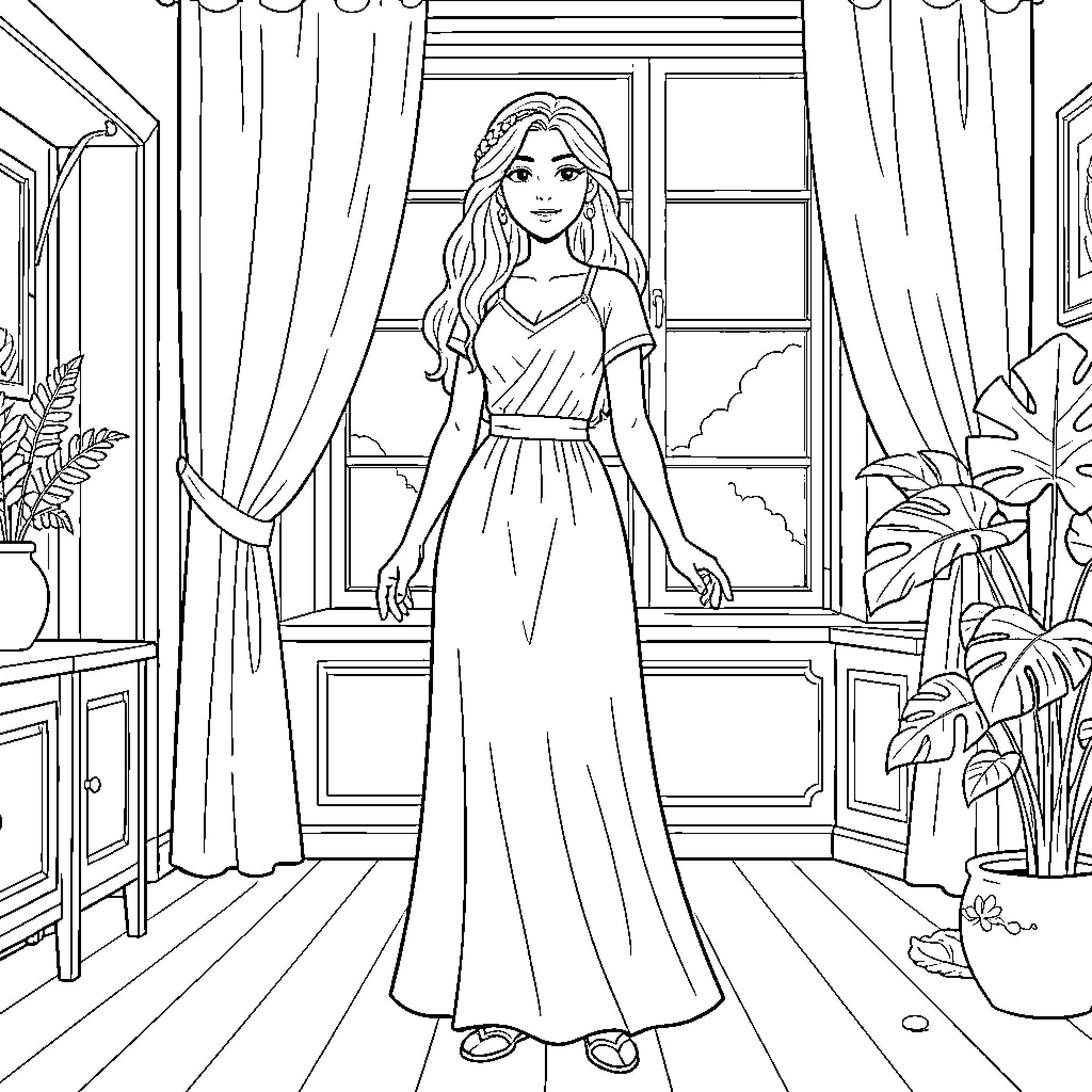 Dalila's Elegant Moment in Time Coloring Page (free black-and-white line drawing printable PDF for all, from beginners to advanced learners, including children, teens, adults, and seniors)