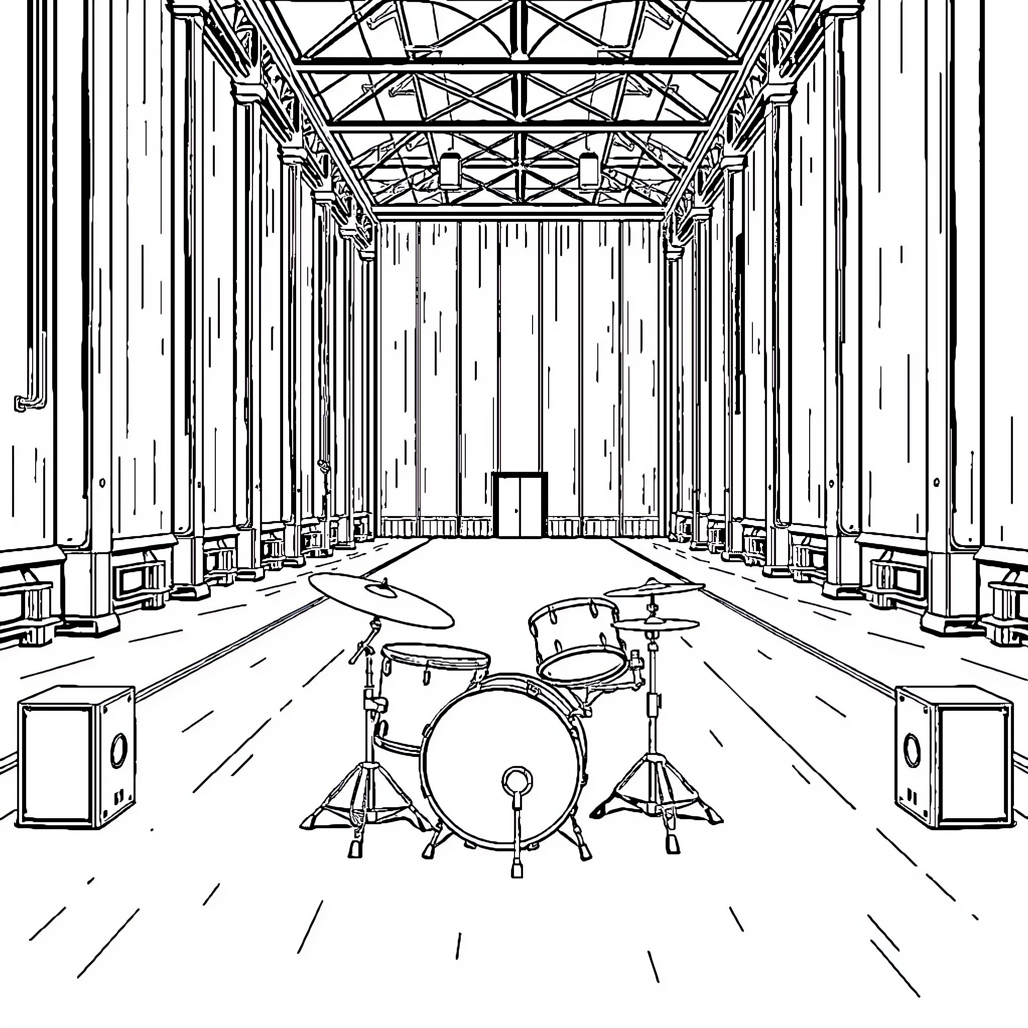 Drum performance on empty stage with spotlights Coloring Page (free black-and-white line drawing printable PDF for all, from beginners to advanced learners, including children, teens, adults, and seniors)