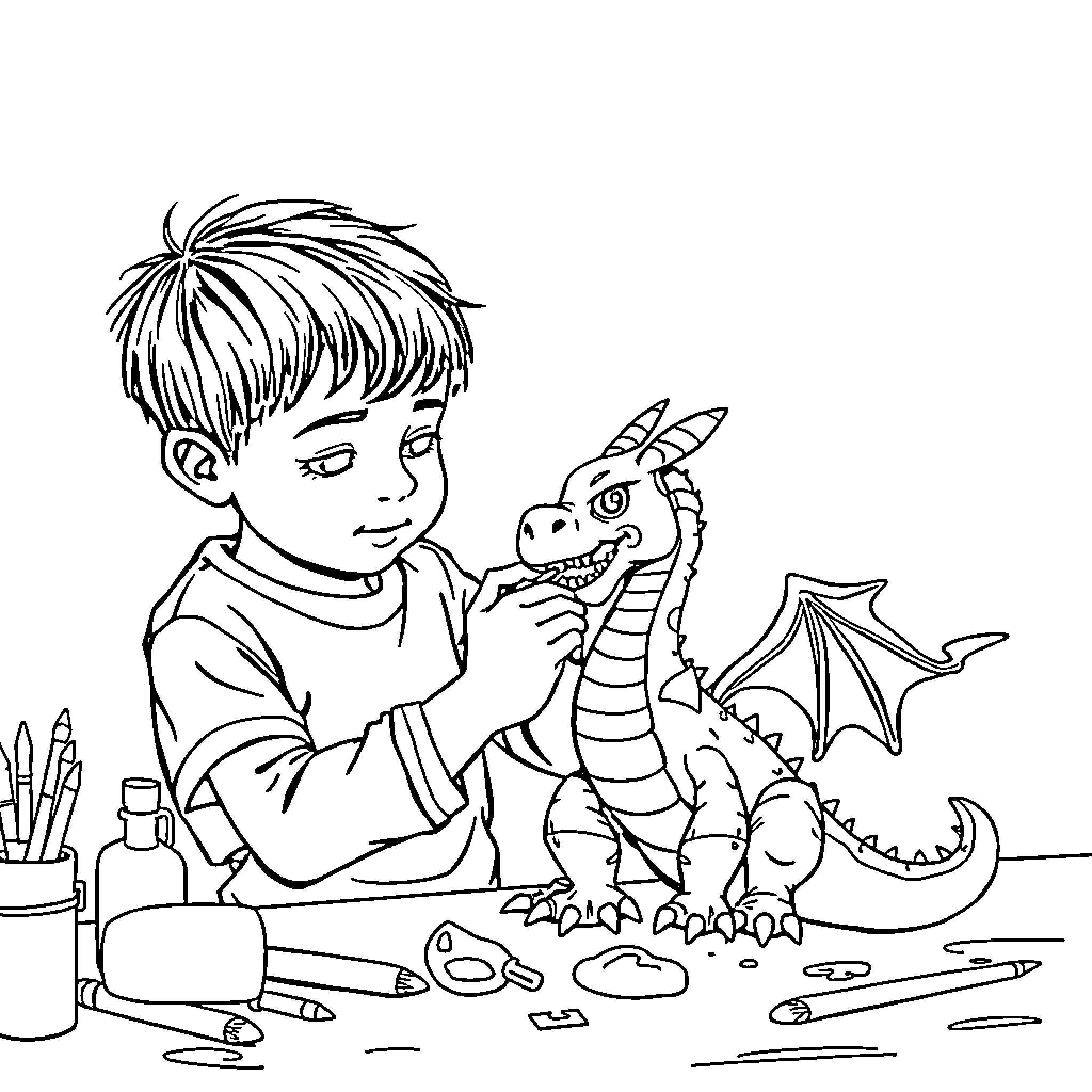 Boy creating a toy dragon with crafts Coloring Page (free black-and-white line drawing printable PDF for all, from beginners to advanced learners, including children, teens, adults, and seniors)