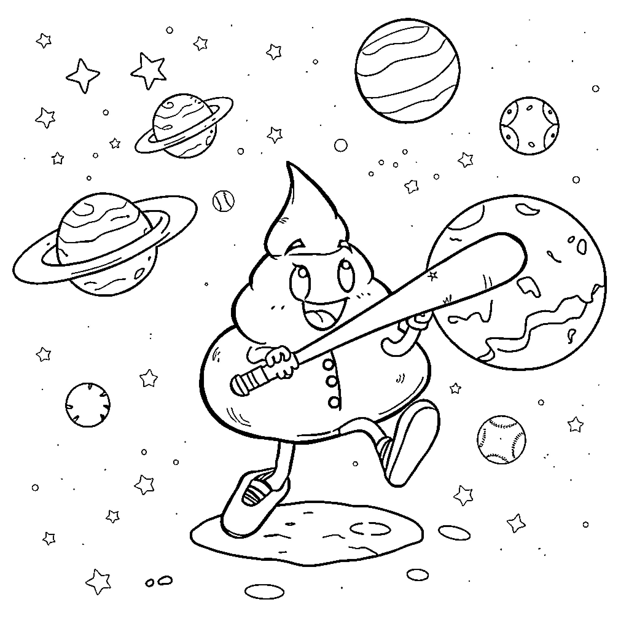 Poop exploring the universe with planets and stars Coloring Page (free black-and-white line drawing printable PDF for all, from beginners to advanced learners, including children, teens, adults, and seniors)