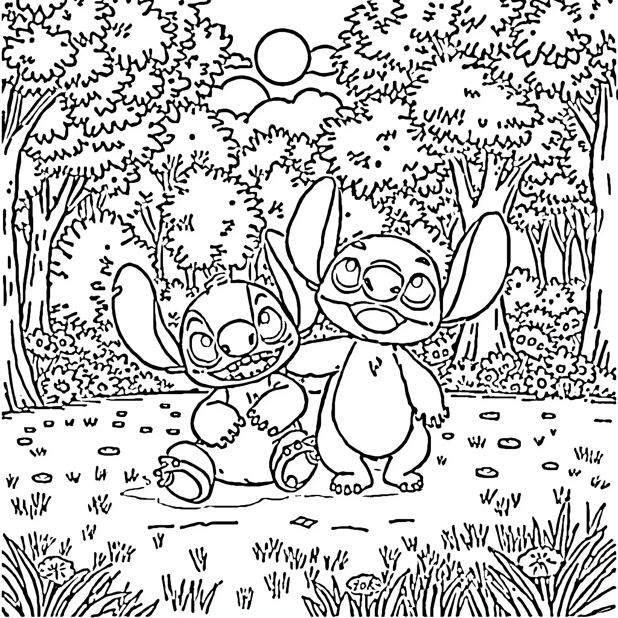 Stitch enjoying nature with friends Coloring Page (free black-and-white line drawing printable PDF for all, from beginners to advanced learners, including children, teens, adults, and seniors)