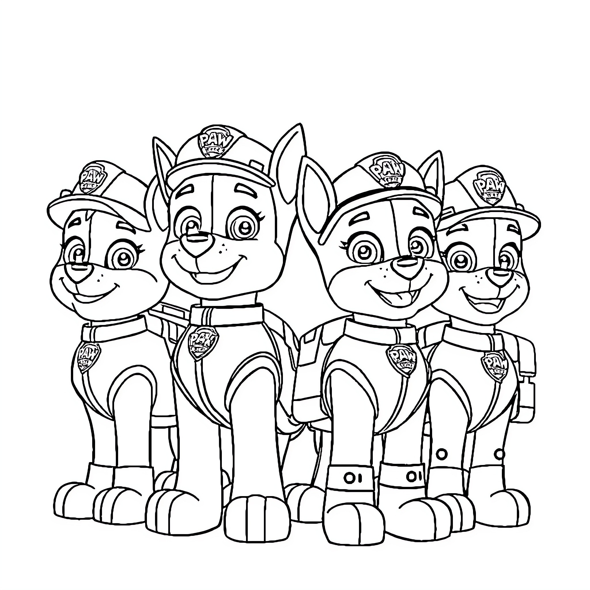 Paw Patrol Puppies in Firefighter Uniforms Coloring Page (free black-and-white line drawing printable PDF for all, from beginners to advanced learners, including children, teens, adults, and seniors)