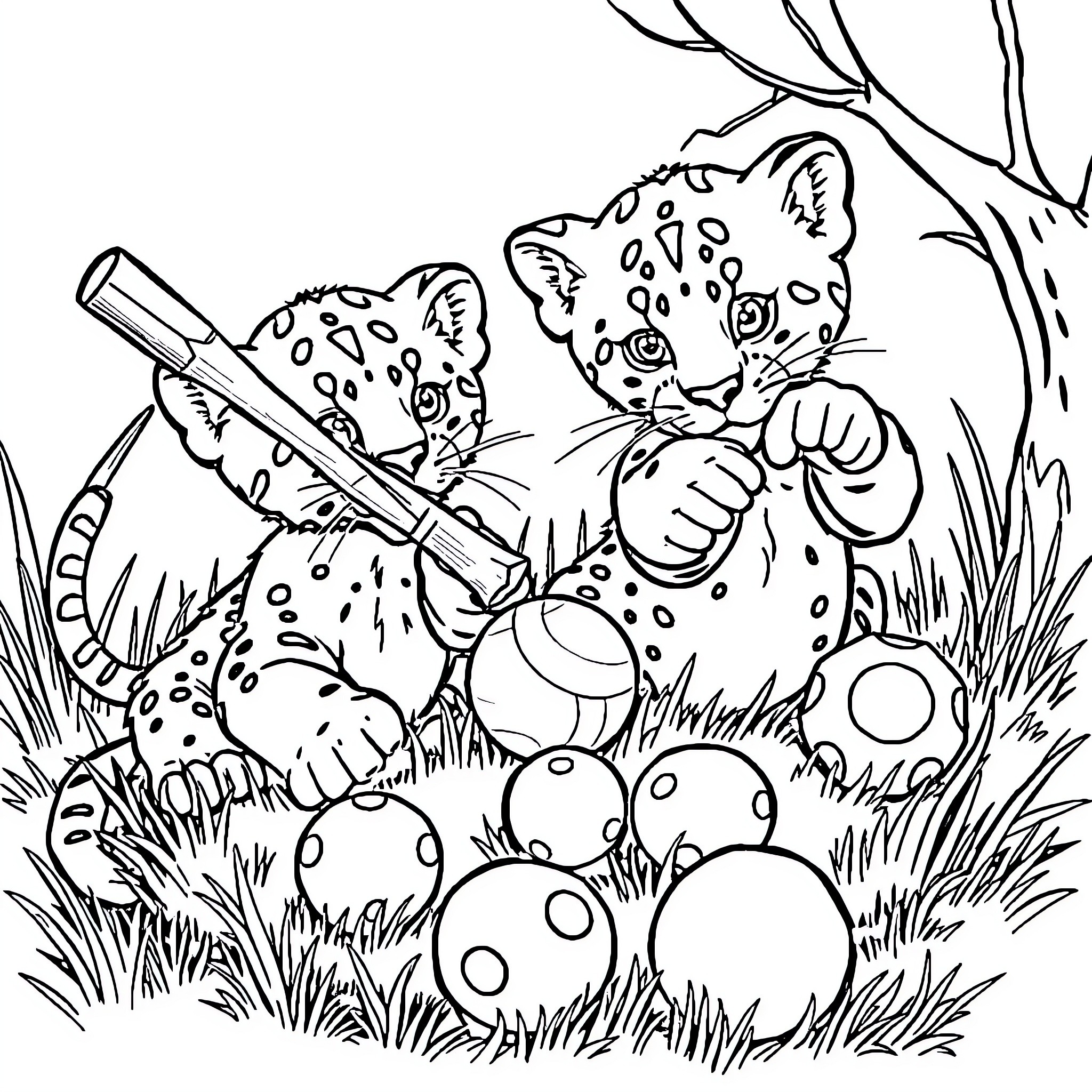 Panther cubs playing with sticks in the forest Coloring Page (free black-and-white line drawing printable PDF for all, from beginners to advanced learners, including children, teens, adults, and seniors)