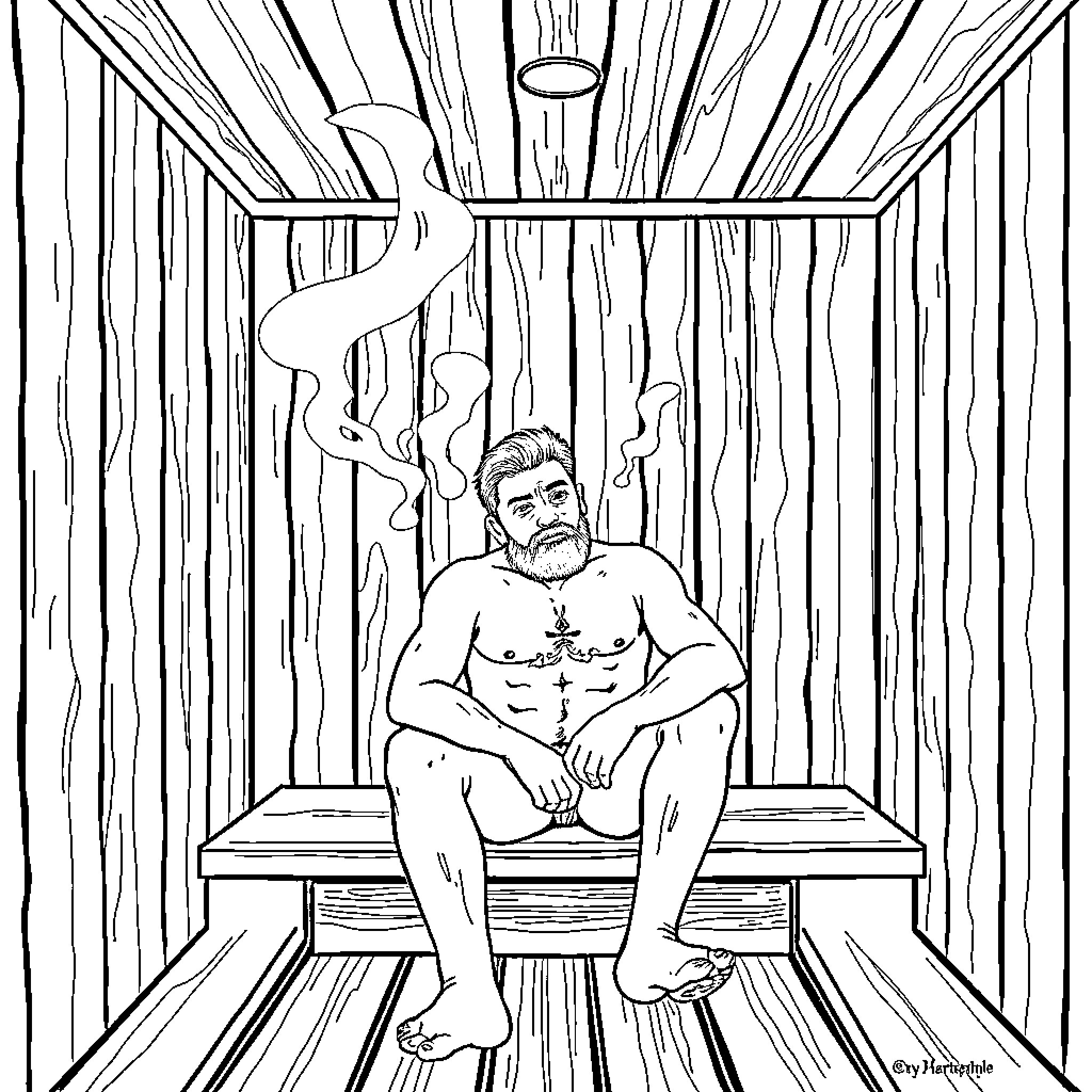 Herra Hakkarainen relaxing in a sauna Coloring Page (free black-and-white line drawing printable PDF for all, from beginners to advanced learners, including children, teens, adults, and seniors)