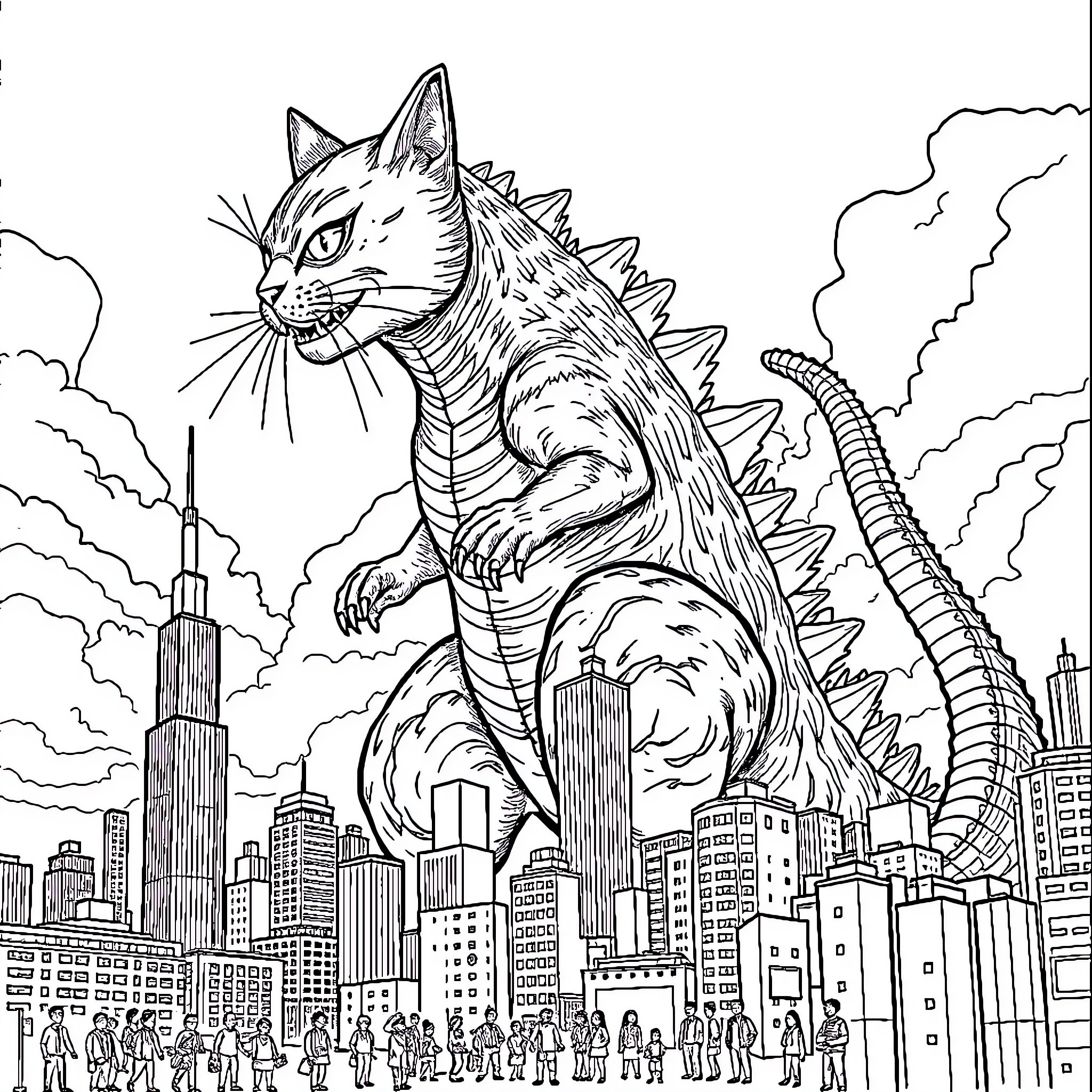 Cat monster ravaging cityscape Coloring Page (free black-and-white line drawing printable PDF for all, from beginners to advanced learners, including children, teens, adults, and seniors)
