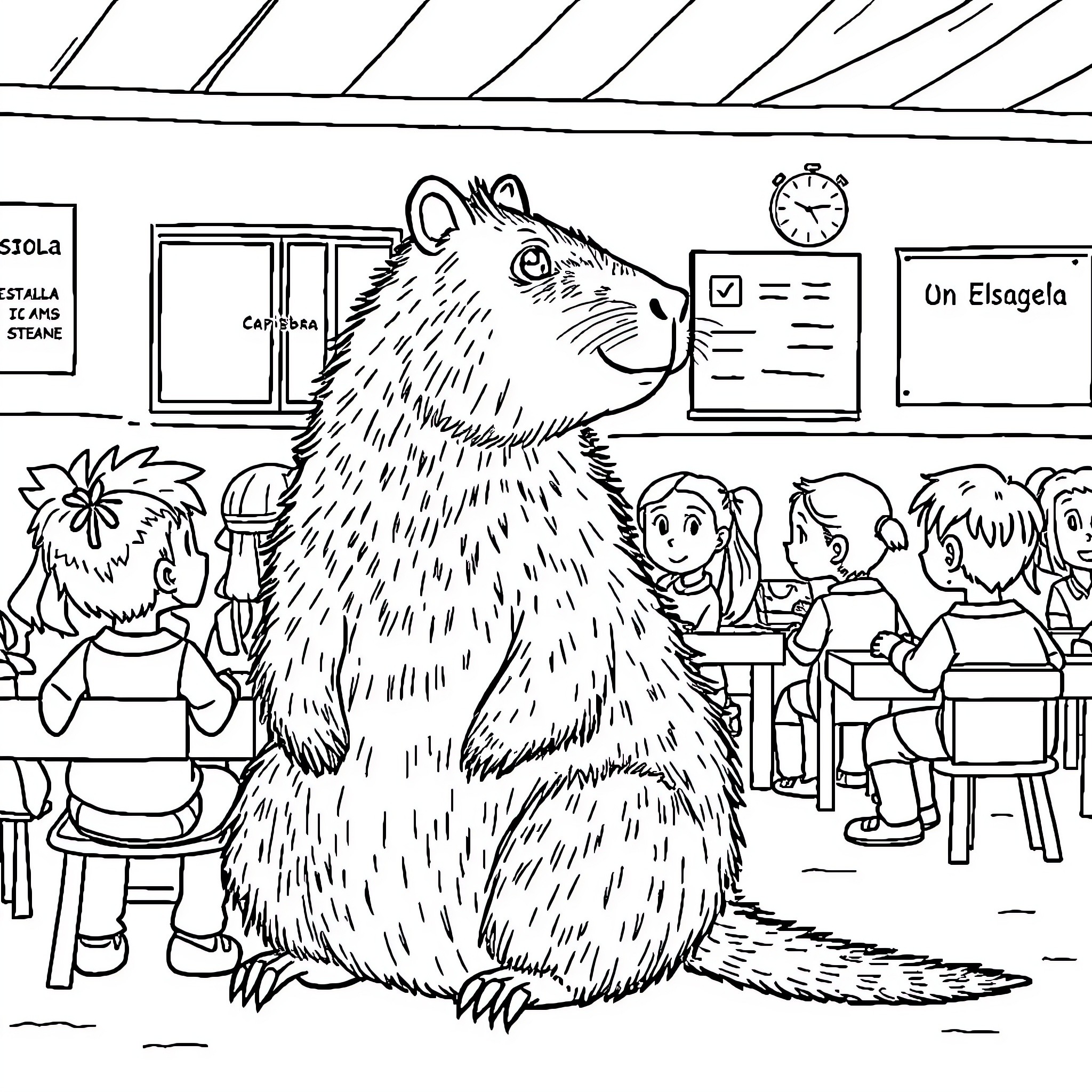 Capybara visits classroom full of students Coloring Page (free black-and-white line drawing printable PDF for all, from beginners to advanced learners, including children, teens, adults, and seniors)