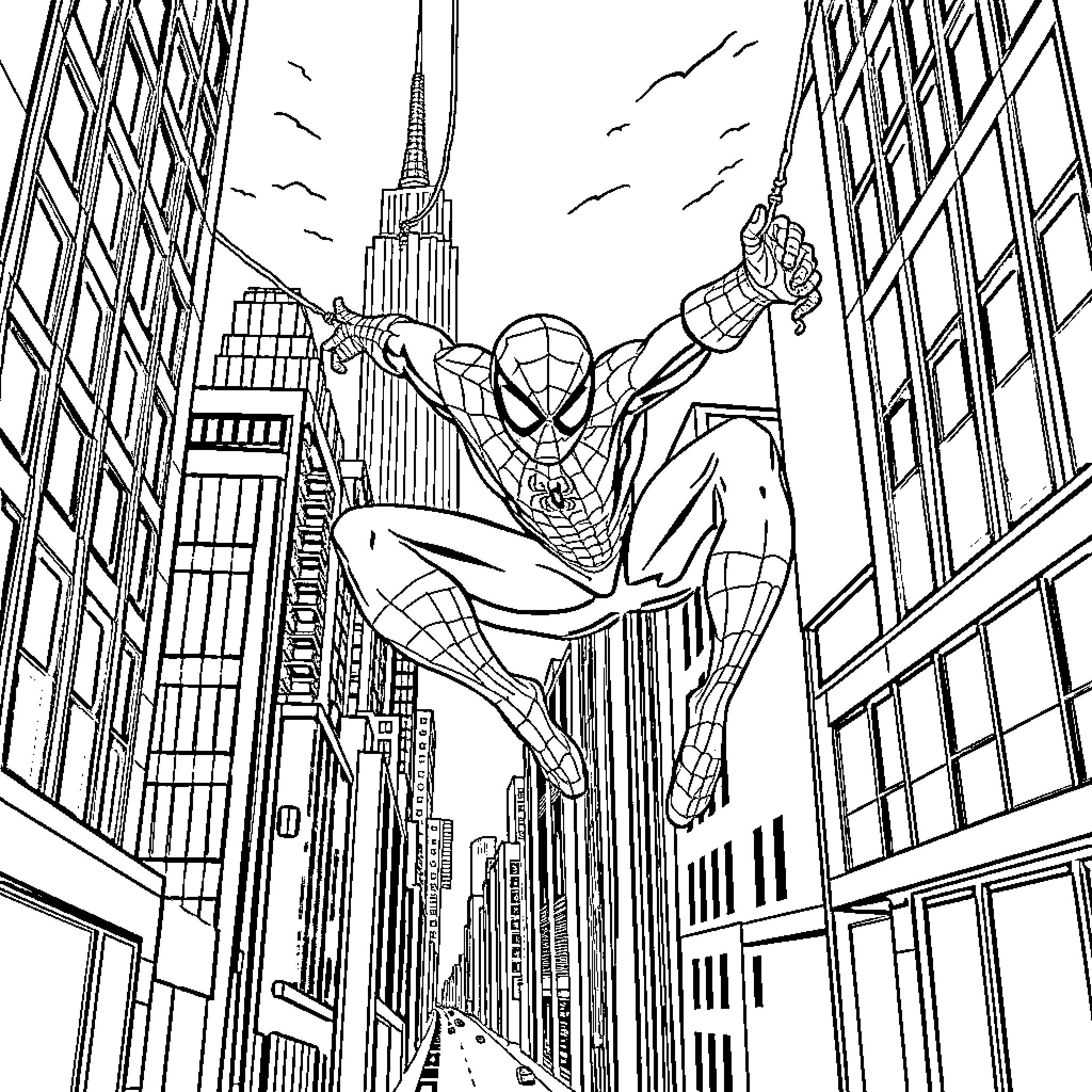 Spider-Man swinging through the city skyline Coloring Page (free black-and-white line drawing printable PDF for all, from beginners to advanced learners, including children, teens, adults, and seniors)