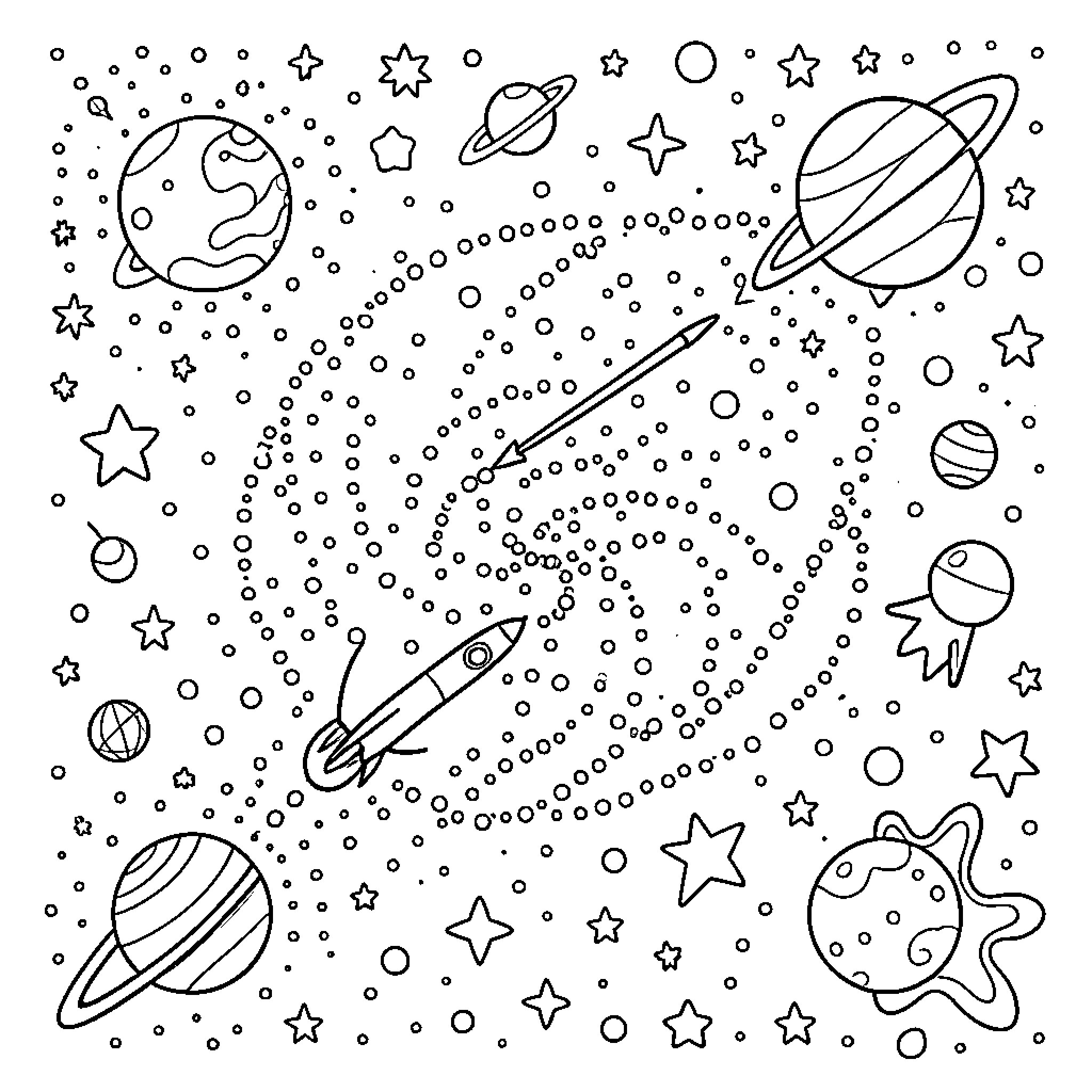 نمط نقاط للكواكب والنجوم المتناثرة Coloring Page (free black-and-white line drawing printable PDF for all, from beginners to advanced learners, including children, teens, adults, and seniors)