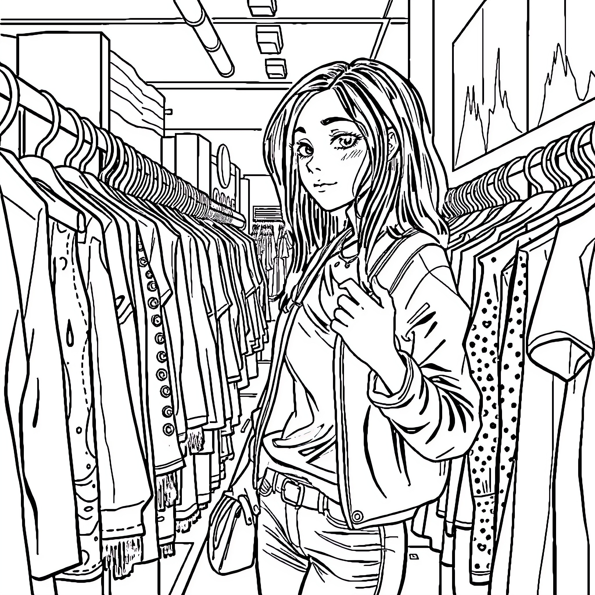 Girl browsing through clothing racks at the store Coloring Page (free black-and-white line drawing printable PDF for all, from beginners to advanced learners, including children, teens, adults, and seniors)